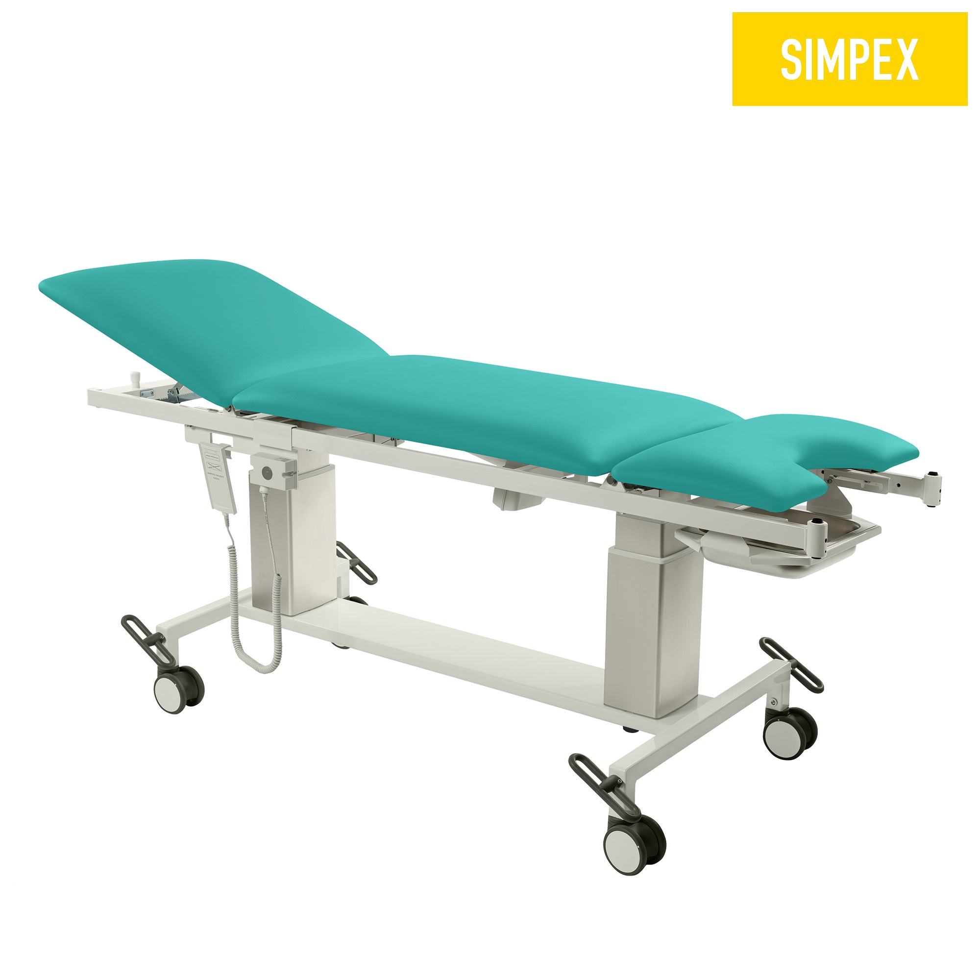 VITA-GYN Gyn Mobil Behandlungsliege mit hohen Kufen in Türkis, mobil mit Rollen, ideal für medizinische Einrichtungen.