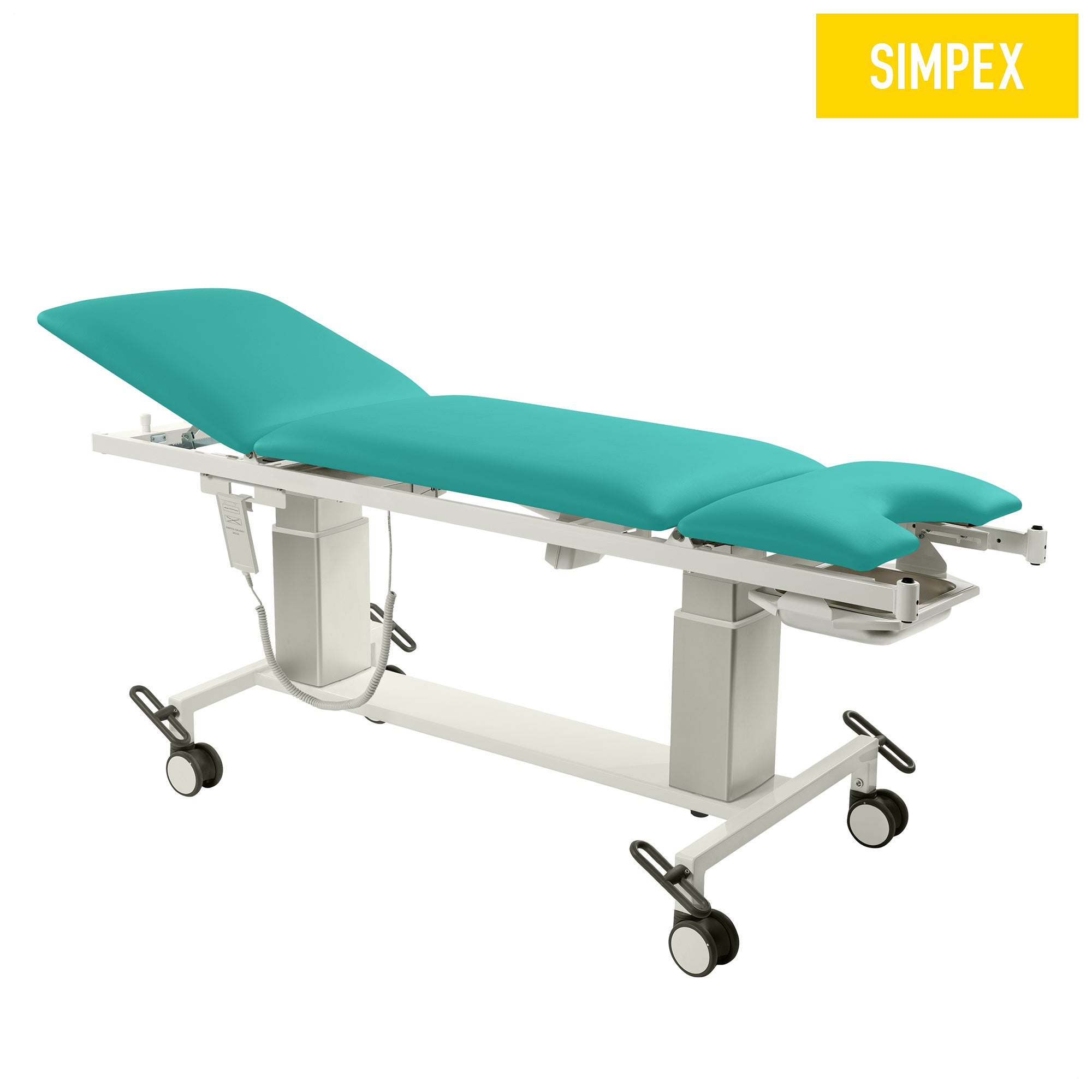 VITA-GYN Gyn Mobil Behandlungsliege mit hohen Kufen in Türkis, mobil mit Rollen, ideal für medizinische Einrichtungen.
