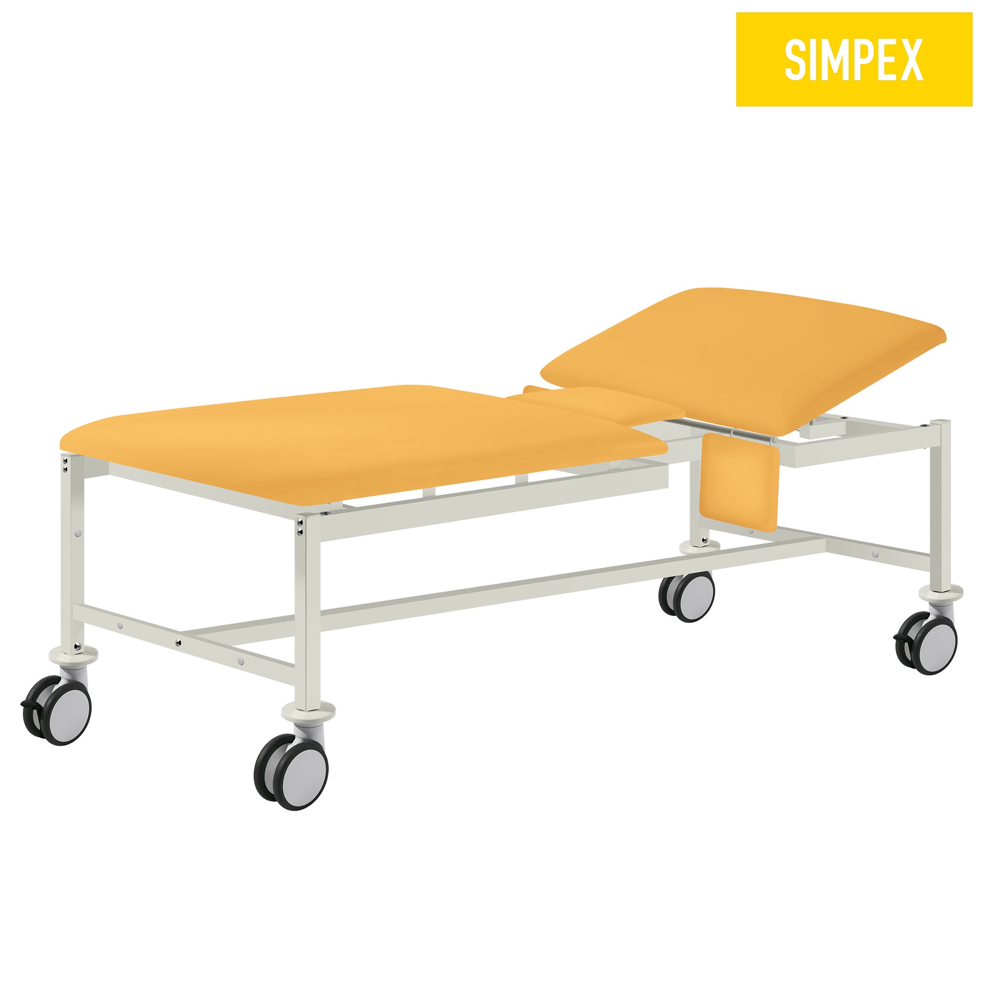 VS-CARDIO Mobil Behandlungsliege – Gelb Kunstleder | SIMPEX Mobil Behandlungsliege VS-CARDIO in gelbem Kunstleder, ausgestattet mit Rollen und Komfortpolsterung für Praxen.
