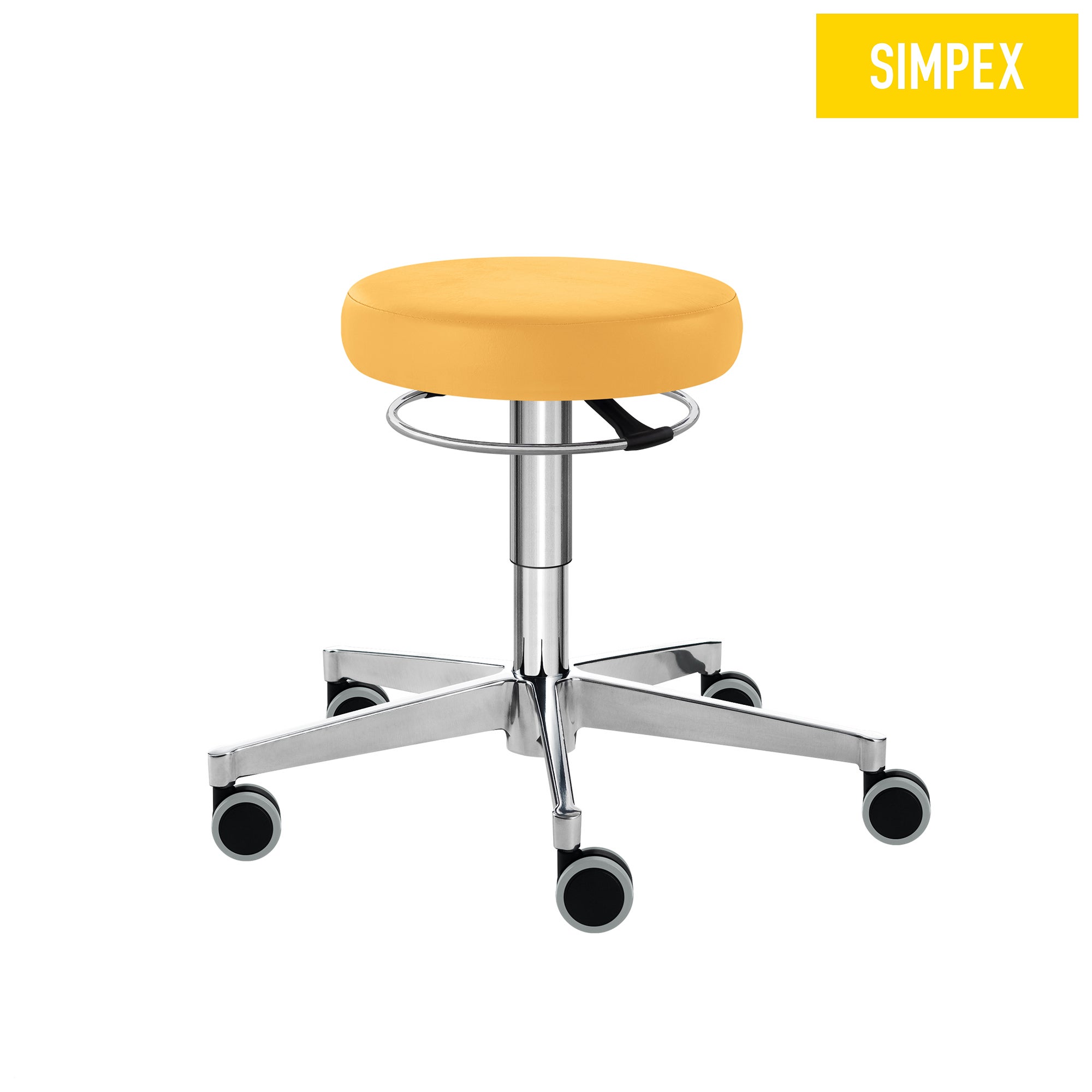 Drehrollhocker SUPER-THRONA Corona Midi mit weichen Rollen – Gelb Der SUPER-THRONA Corona Midi Drehrollhocker in Gelb mit weichen Rollen und Höhenverstellung – ideal für harte Böden.
