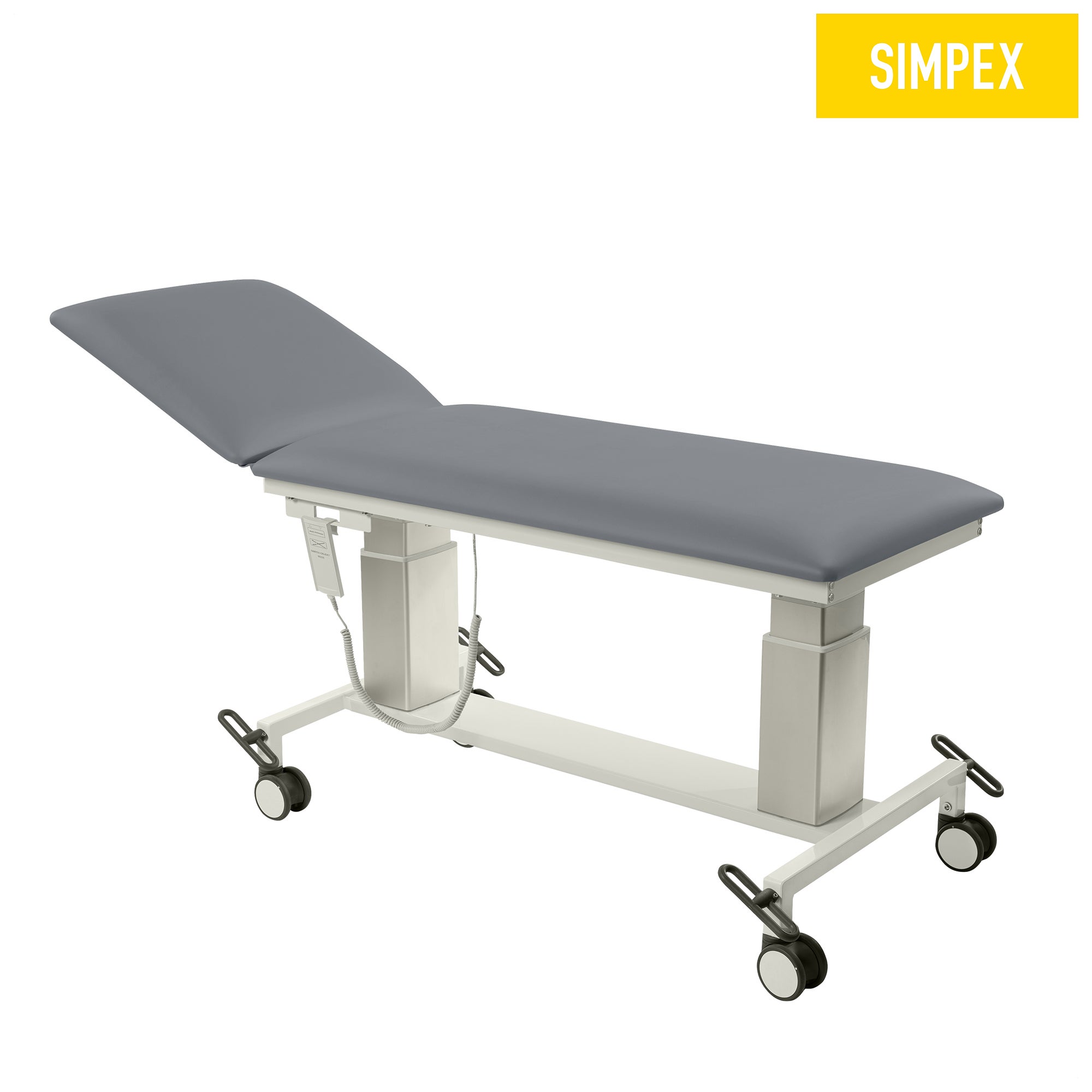 Grau gepolsterte VITA-PORT Siesta Mobil Behandlungsliege mit hohen Kufen und Komfortpolsterung, ideal für Praxen und Kliniken.