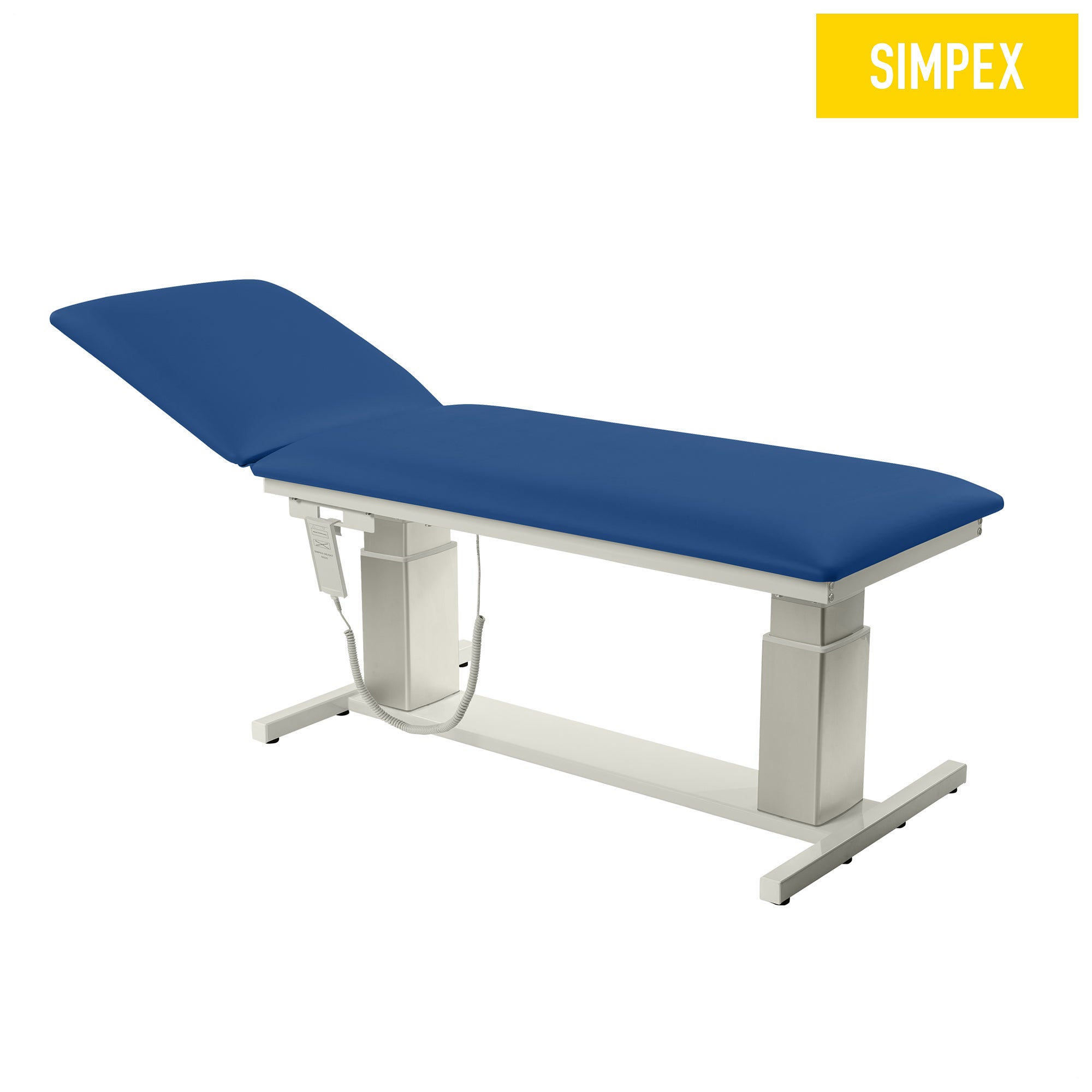 VITA-PORT Siesta Liege mit blauer Kunstlederpolsterung und flachen Kufen, ideal für Praxen und Pflegeeinrichtungen.