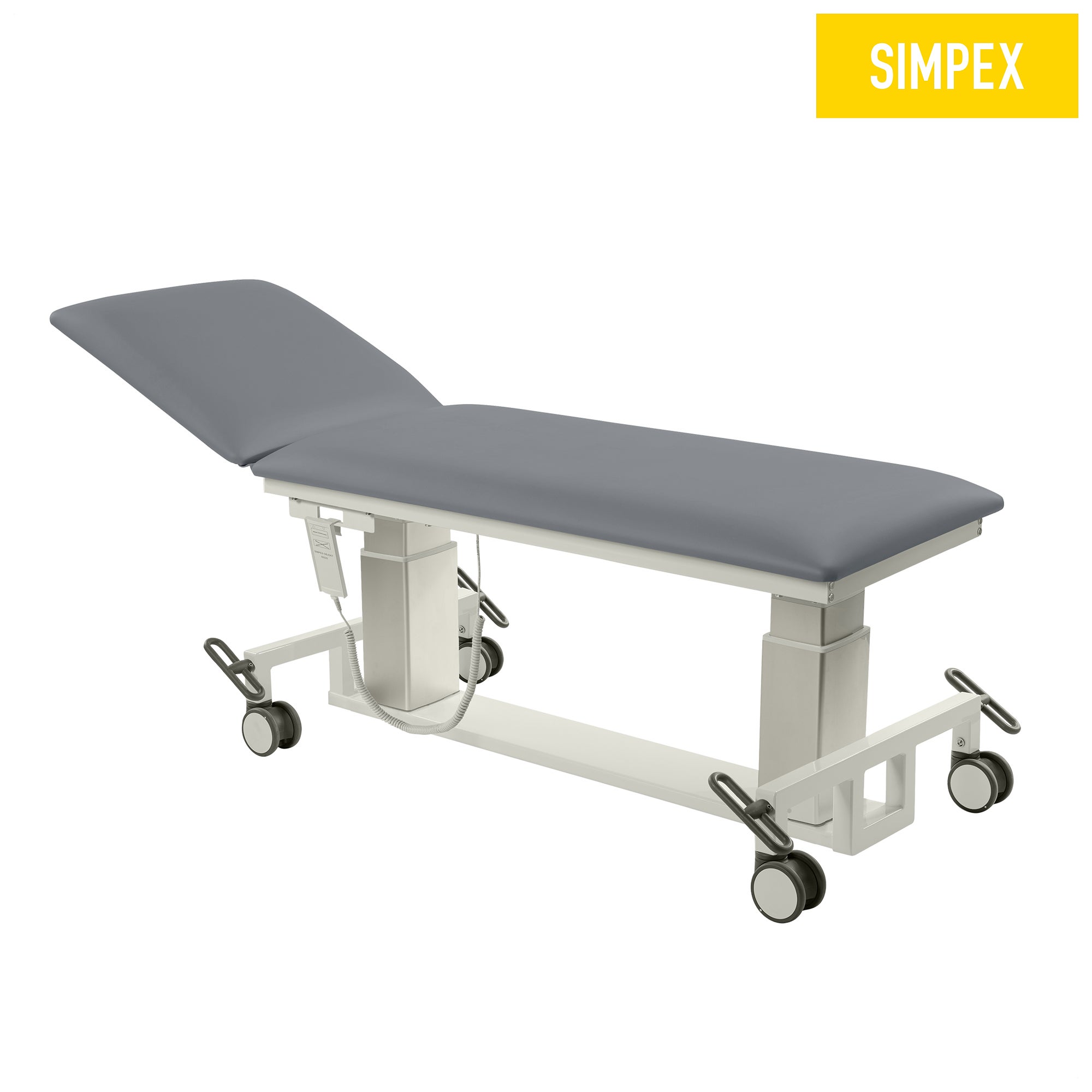 Graue VITA-PORT Siesta Mobil Behandlungsliege mit flachen Kufen, Kunstlederbezug und Zentralfeststellung für Praxis und Pflege.