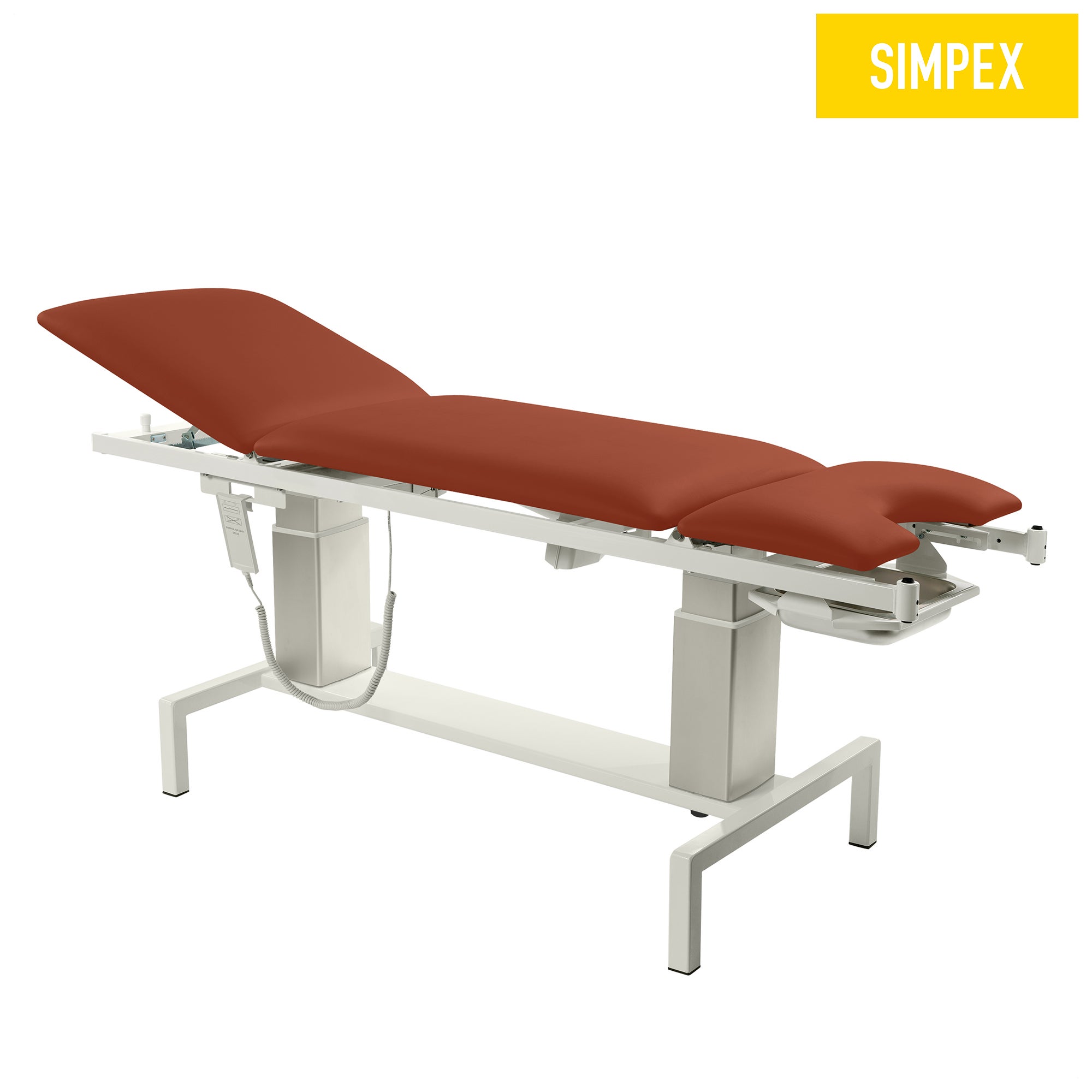 Hochwertige VITA-GYN Gyn Liege mit braunem Kunstlederpolster und hohen Kufen für Kliniken und Praxen.