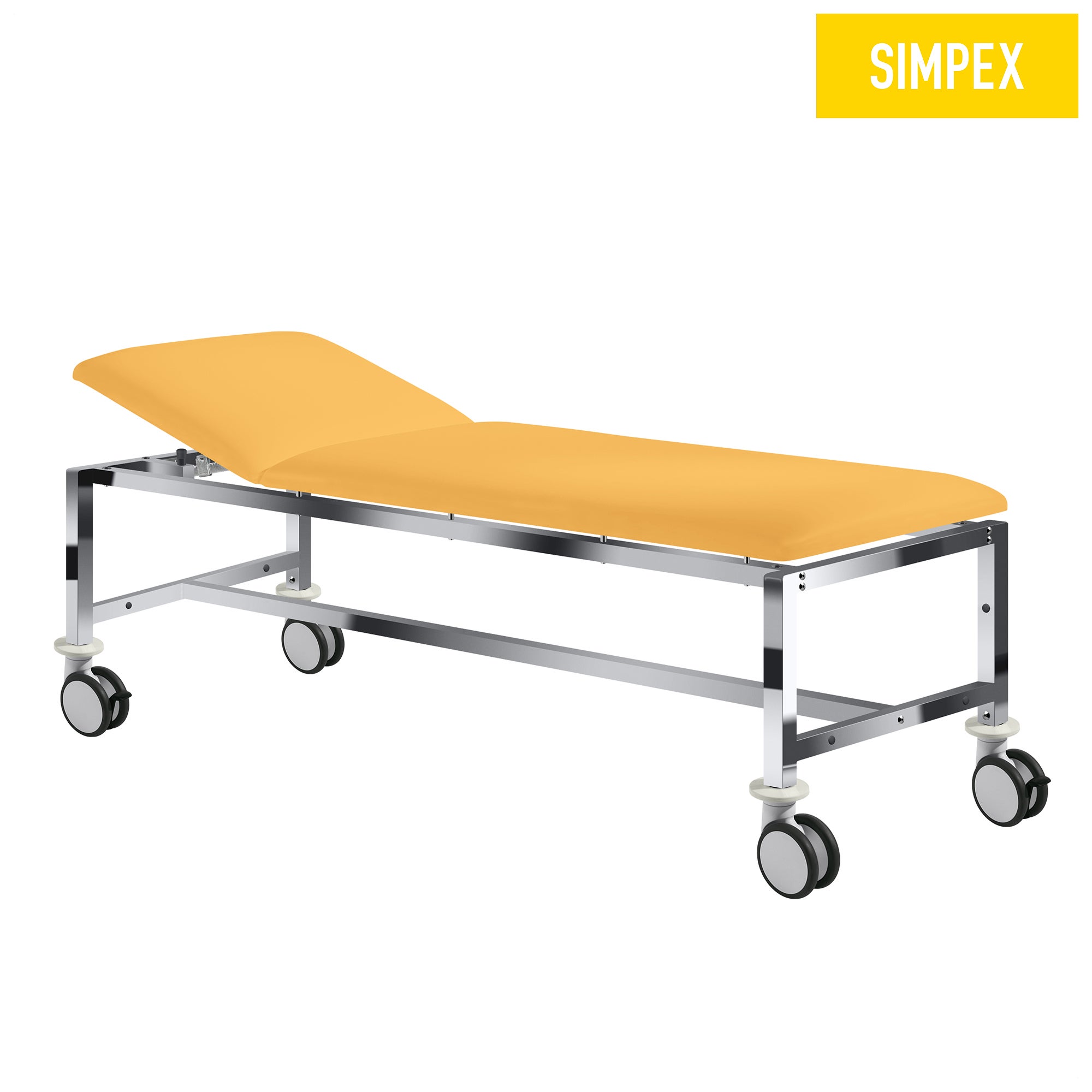 Mobil behandelbare HELENA Classic Liege, gelbes Kunstleder, verchromtes Gestell, optimal für Praxen und Kliniken.