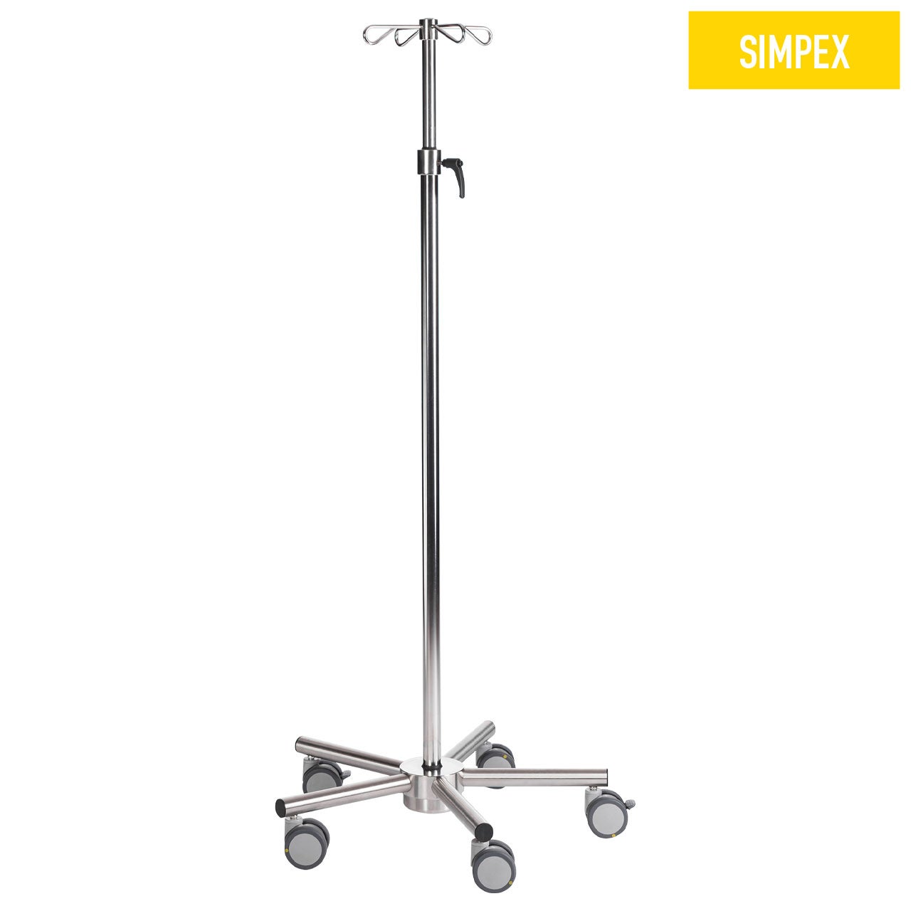 SIMPO-CARE Mini Infusionsständer aus Edelstahl mit 120 cm Höhe, doppelrollen ø 65 mm, ideal für Praxen und Pflegeeinrichtungen.