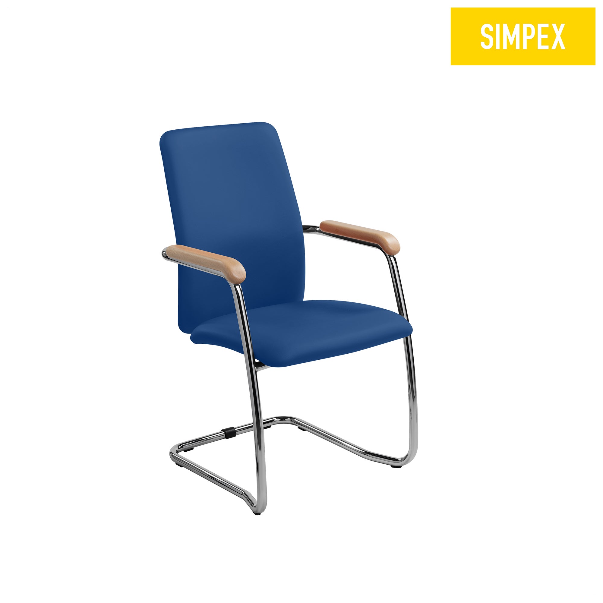 Wartezimmerstuhl OKTAVIA Swing mit Armlehnen in Blau aus Kunstleder und verchromtem Gestell für hohen Komfort