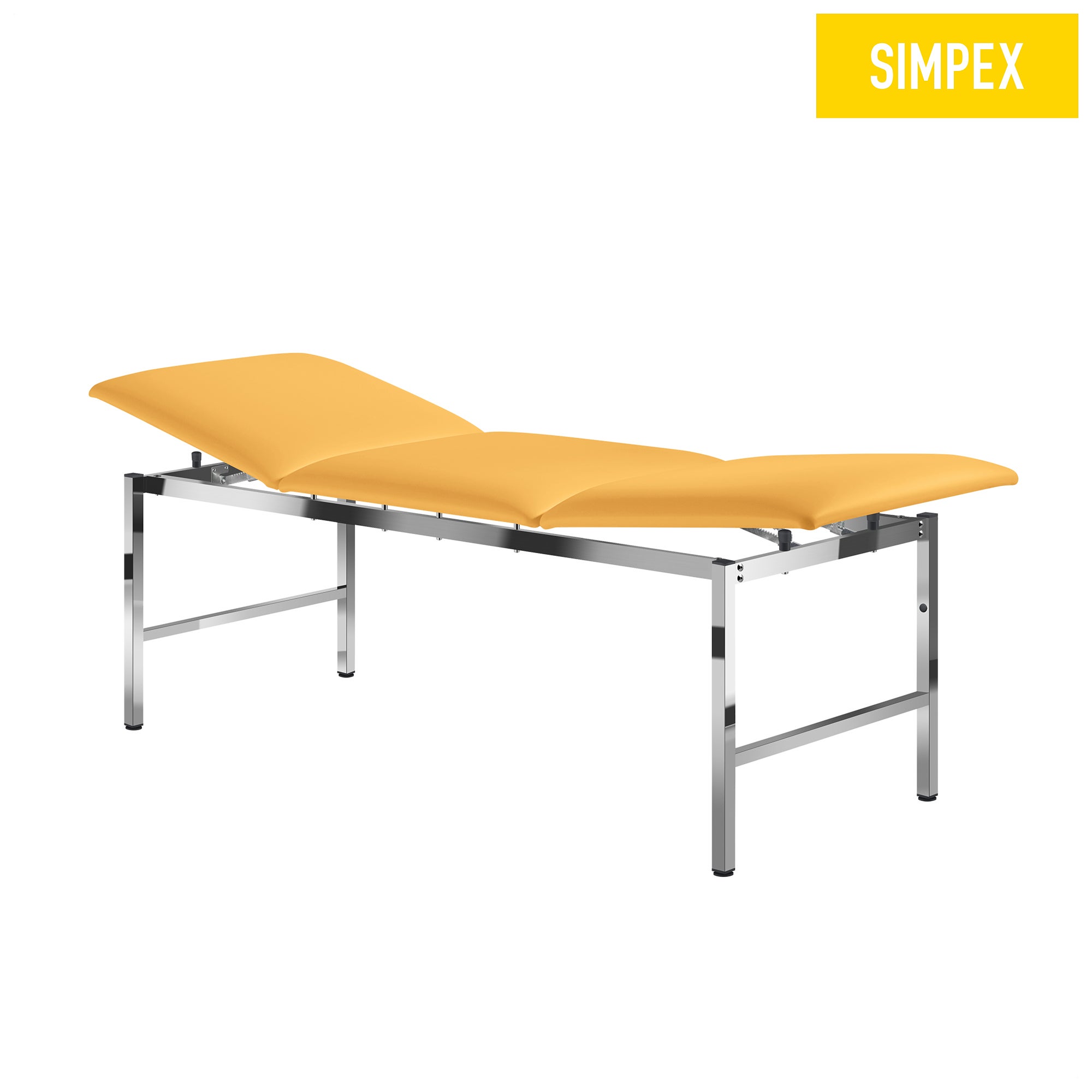 Verchromte MEDI-LUX Alterna Behandlungsliege mit gelbem Kunstleder, ideal für Praxis und Pflegeeinrichtungen.