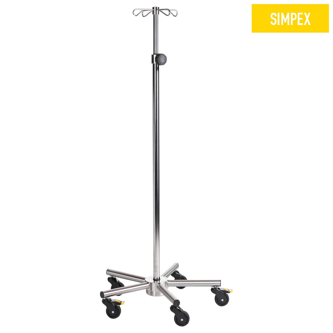 Edelstahl SIMPO-CARE Mini Infusionsständer 120 cm mit Handrad SIMPO-CARE Mini Infusionsständer aus Edelstahl, Höhe 120 cm, elektrisch leitfähige Monorolle 75 mm, ideal für Praxen und Pflegeeinrichtungen.