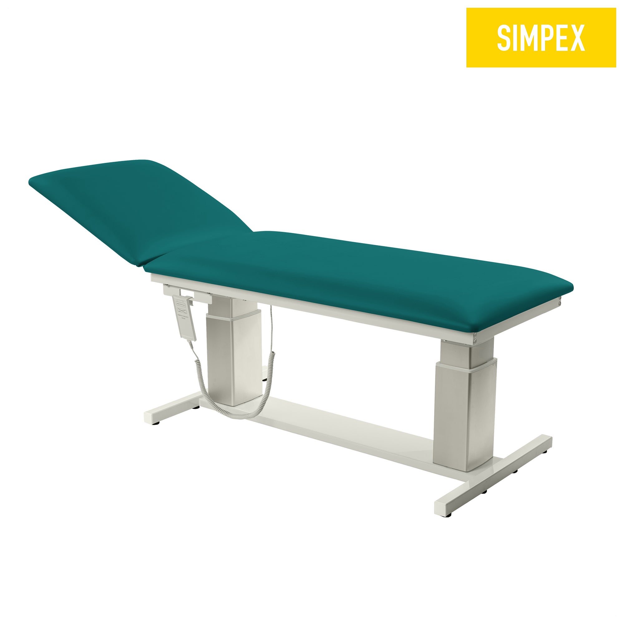 VITA-PORT Siesta elektrische Liege mit flachen Kufen in blaugrünem Kunstleder, ideal für Praxen und Pflegeeinrichtungen.