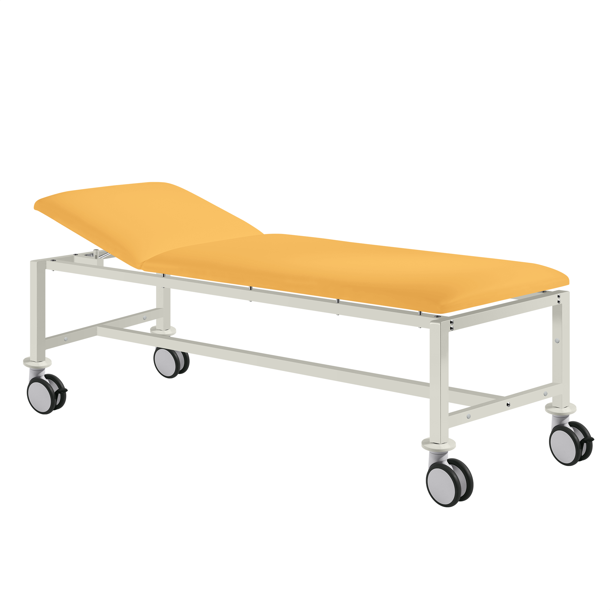 Die HELENA Classic Mobil ist eine gelbe Kunstlederliege mit Rollen und Komfortpolsterung, ideal für Sanitätsräume.