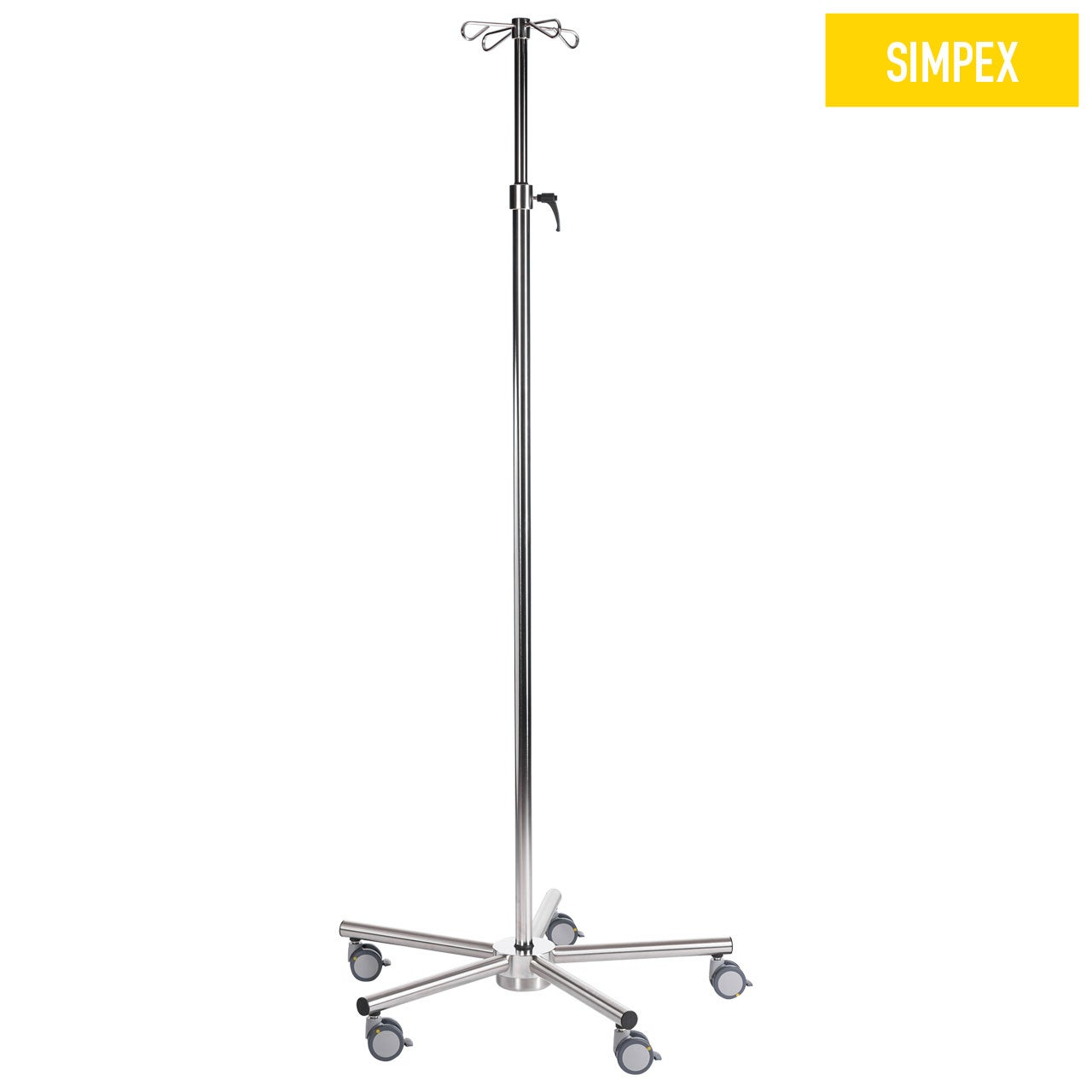 Edelstahl SIMPO-CARE Maxi Infusionsständer mit einer Höhe von 145 cm, Doppelrollen ø 65 mm für maximale Stabilität in der Praxis.