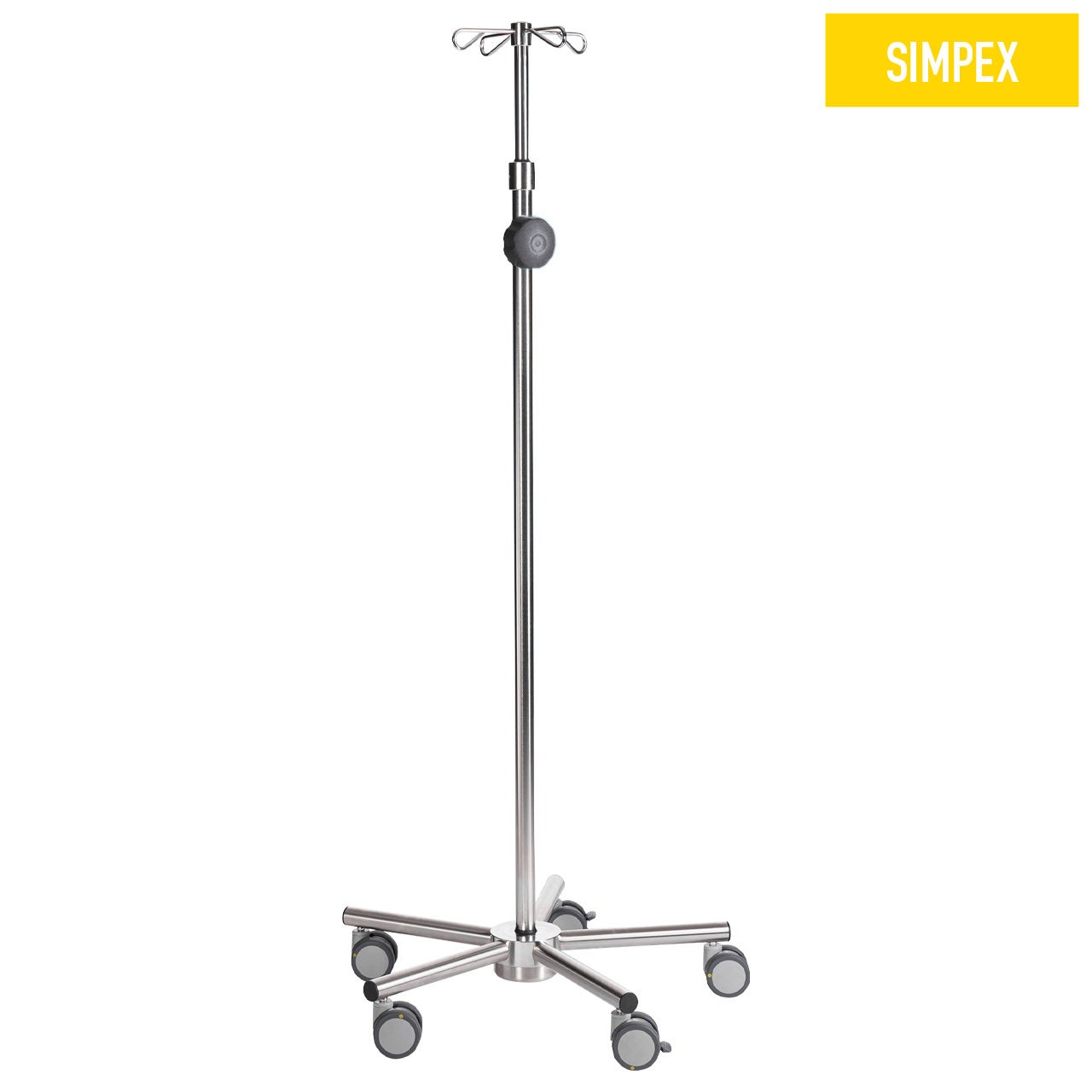 SIMPO-CARE Midi Infusionsständer aus Edelstahl mit Handrad für Höhenverstellung, doppelten Rollen und max. 257 cm Höhe.