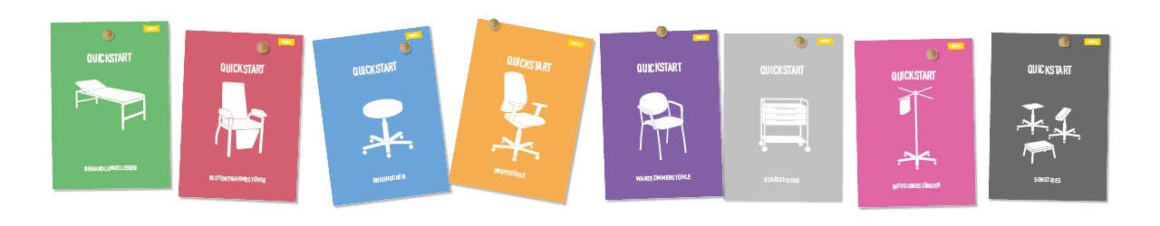 Titel-Banner mit Quickstartansichten Bunte Titel von Quickstartanleitungen vor Wand