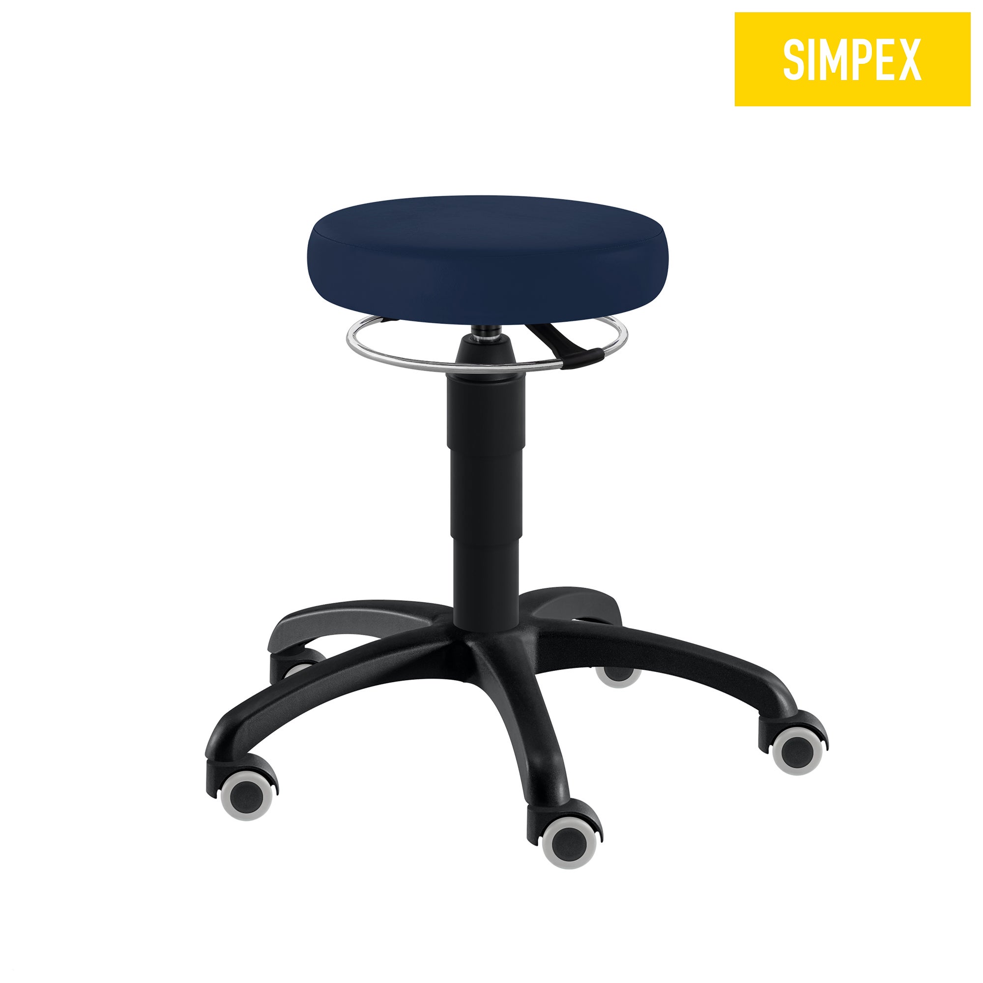 Drehhocker NERO Corona Midi in Dunkelblau, ausgestattet mit weichen Rollen für harte Böden und einer höhenverstellbaren Sitzfläche.