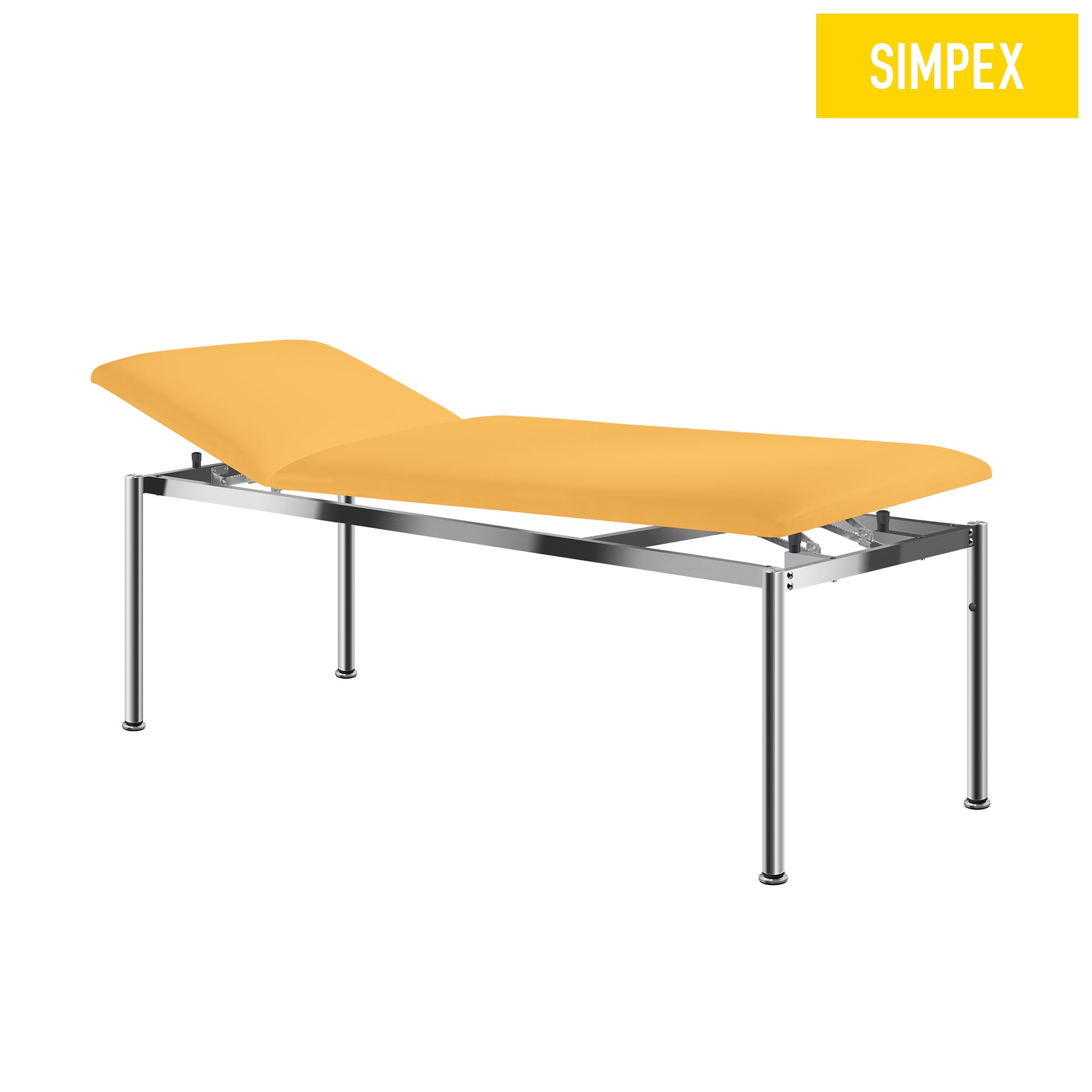 Verchromte RONDO-MED Siesta Behandlungsliege mit gelben Kunstlederpolstern, ideal für Praxen und Pflegeeinrichtungen.