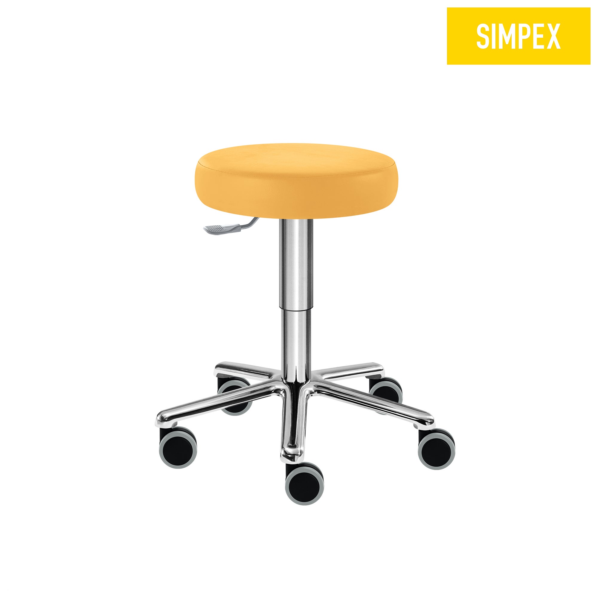 Drehrollhocker mit weichen Rollen – SIMPO-THRONA Manus Mini in Gelb Gelber SIMPO-THRONA Manus Mini Drehrollhocker mit weichen Rollen für harte Böden, Höhenverstellbar von 58 bis 76 cm.