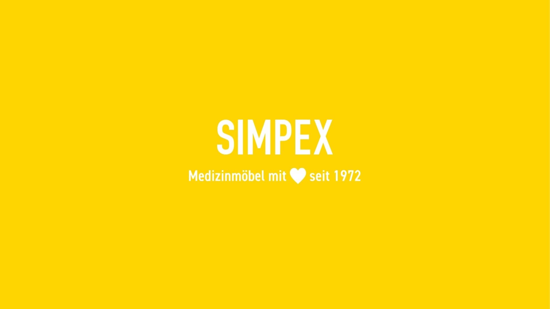 Gelbes Deckblatt der SIMPEX Imagebroschüre mit dem Schriftzug SIMPEX Medizinmöbel mit 💛 seit 1972