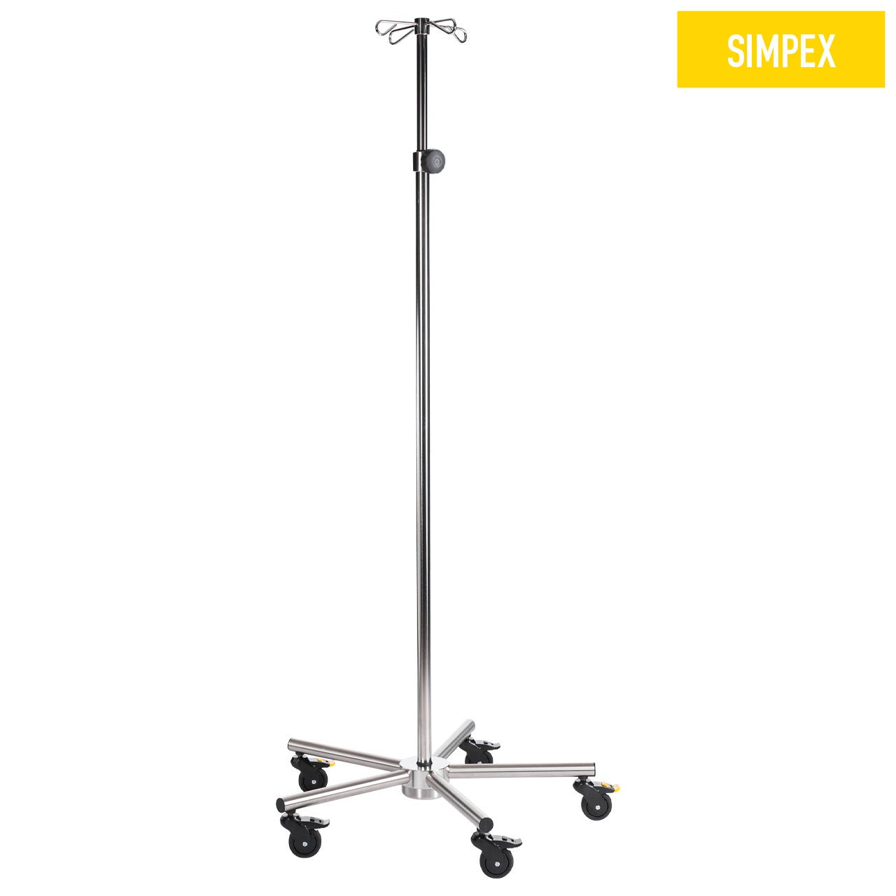 SIMPO-CARE Maxi Infusionsständer aus Edelstahl mit Handrad, elektrisch leitfähige Monorolle, für medizinische Praxen geeignet.