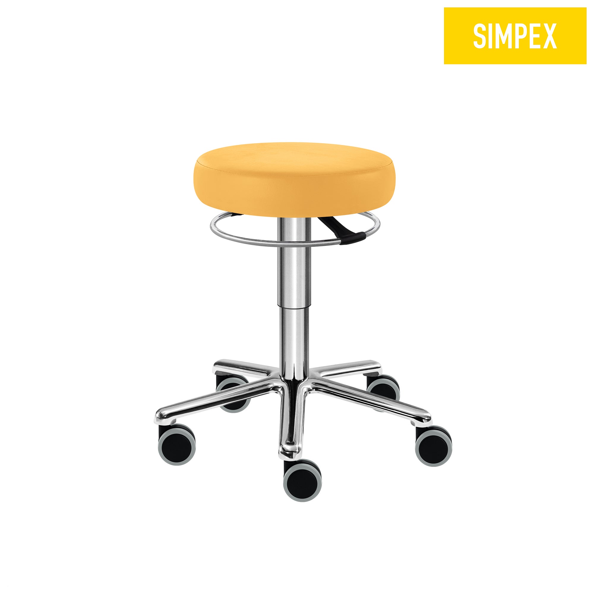 Drehrollhocker SIMPO-THRONA Corona Mini mit gelben Rollen 🔄 SIMPO-THRONA Corona Mini Drehrollhocker mit weichen gelben Rollen für harte Böden, höhenverstellbar, ø 34 cm Sitzfläche