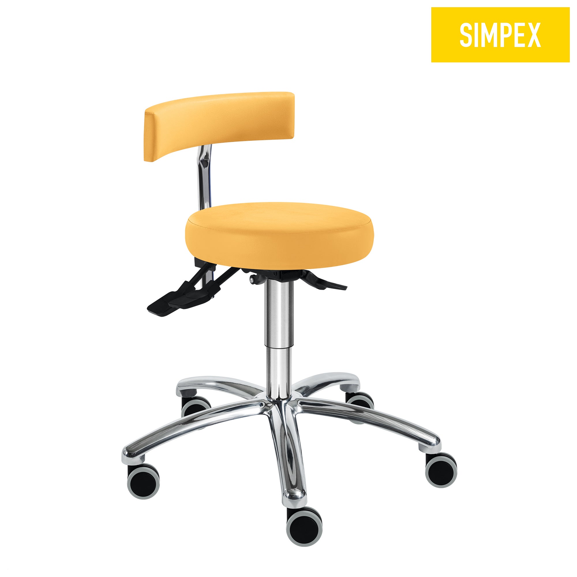 Drehrollhocker SIMPO-THRONA Manus Synchro mit ergonomic Design 🛋️ SIMPO-THRONA Manus Synchro Drehrollhocker mit gelbem Kunstlederpolster und verchromtem Fußkreuz für harte Böden.