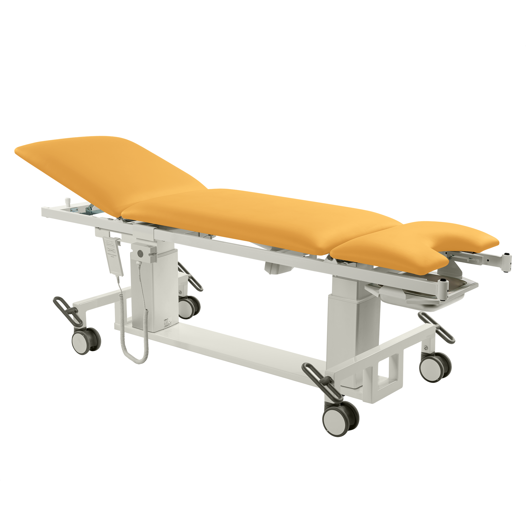 VITA-GYN Gyn Mobil mit gelbem Kunstlederbezug und flachen Kufen, ideal für Sanitätsräume und Praxen.