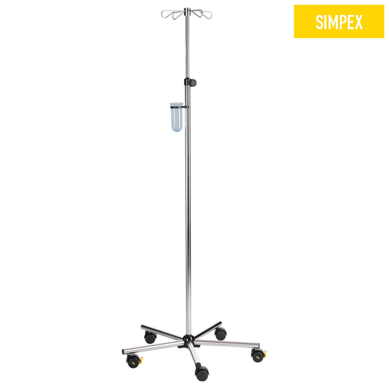 MEDI-CARE Midi Infusionsständer aus verchromtem Edelstahl mit Handrad und doppelt 50 mm Rollen, ideal für Praxen und Pflegeeinrichtungen.