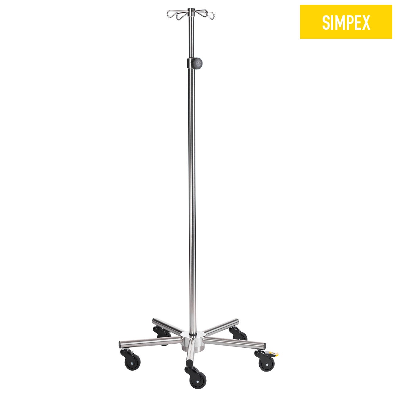 SIMPO-CARE Midi Infusionsständer aus Edelstahl mit Höhenverstellung, stabil für bis 35 kg Einsatz in Kliniken und Praxen.