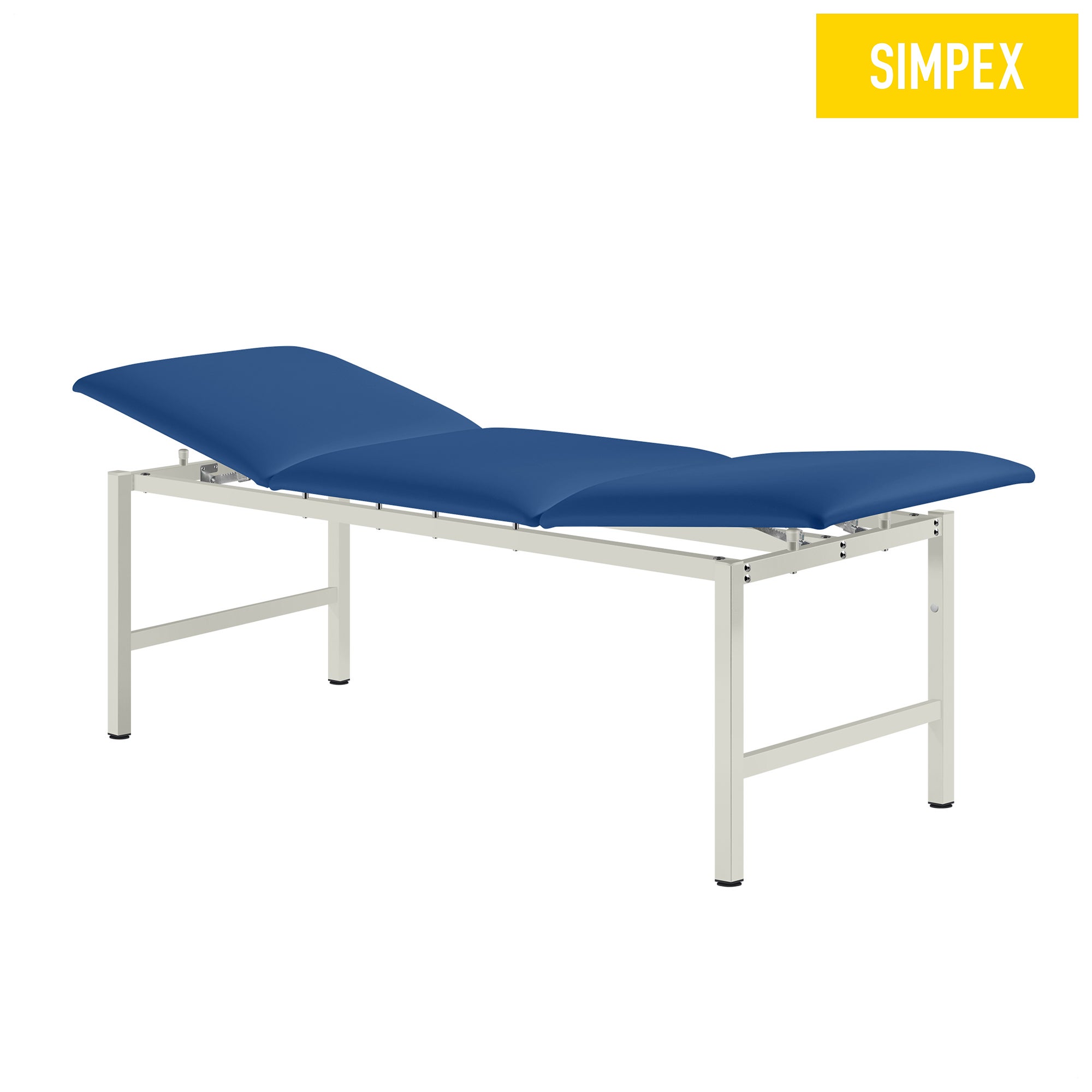 Moderne HERKULES Alterna Behandlungsliege mit blauem Kunstlederbezug, ideal für Praxen und Pflegeeinrichtungen.