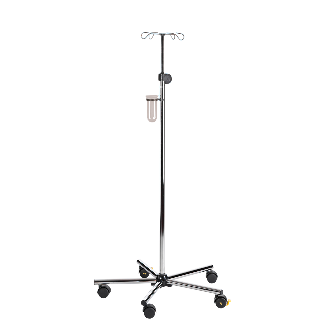 Verchromter MEDI-CARE Mini Infusionsständer mit Doppelrollen, höhenverstellbar von 126 bis 215 cm, ideal für Pflegeeinrichtungen.