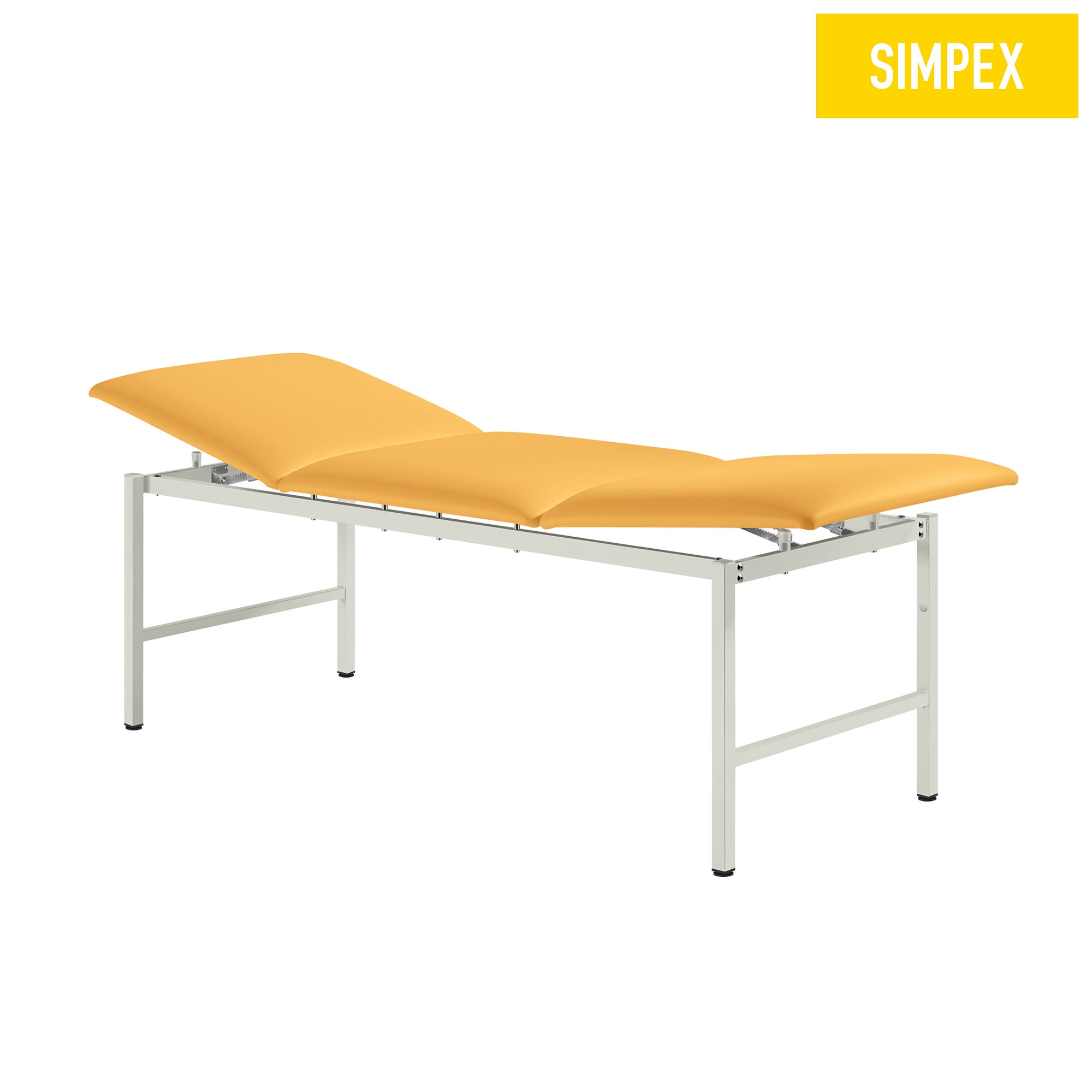 Die MEDI-LUX Alterna in Gelb, eine komfortable Behandlungsliege mit Kunstlederbezug und verchromtem Gestell, ideal für Praxen.