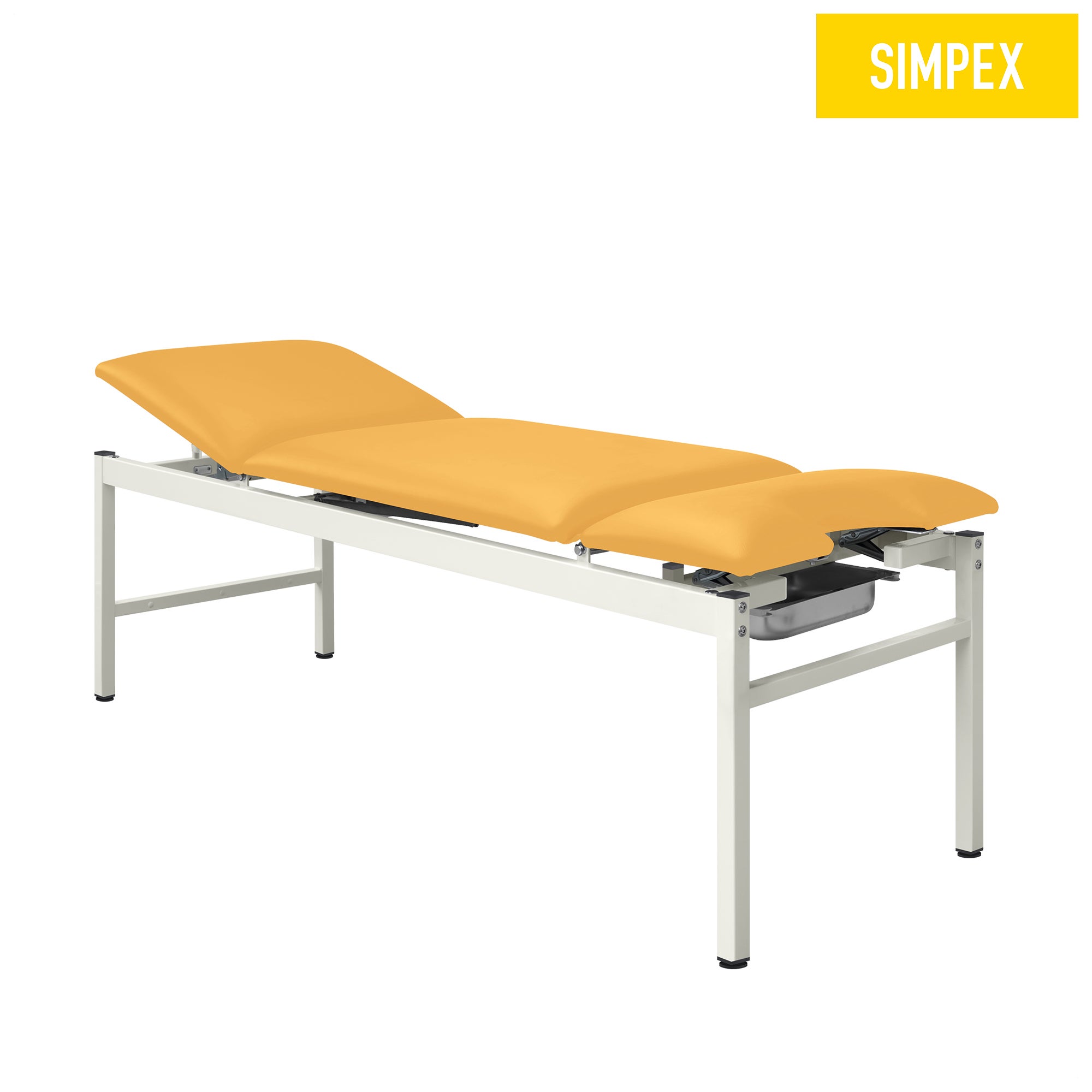 Gelbe VS-GYN Behandlungsliege von SIMPEX mit Komfortpolsterung und verchromtem Gestell, ideal für Praxen und Krankenhäuser.