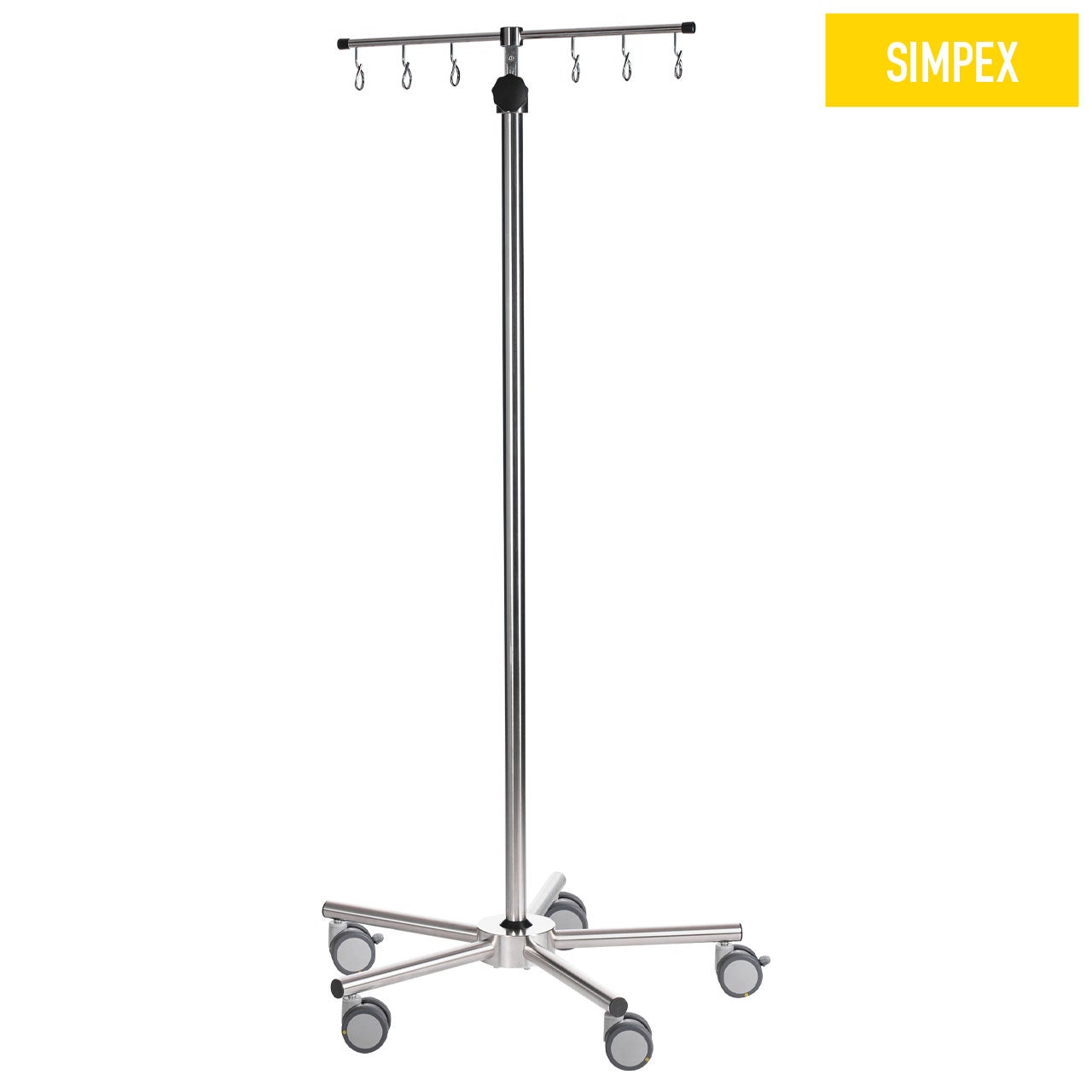 Edelstahl POMPA-CARE Maxi Infusionsständer mit Handrad und Doppelrollen für eine Zuladung bis 50 kg, ideal für Krankenhäuser.