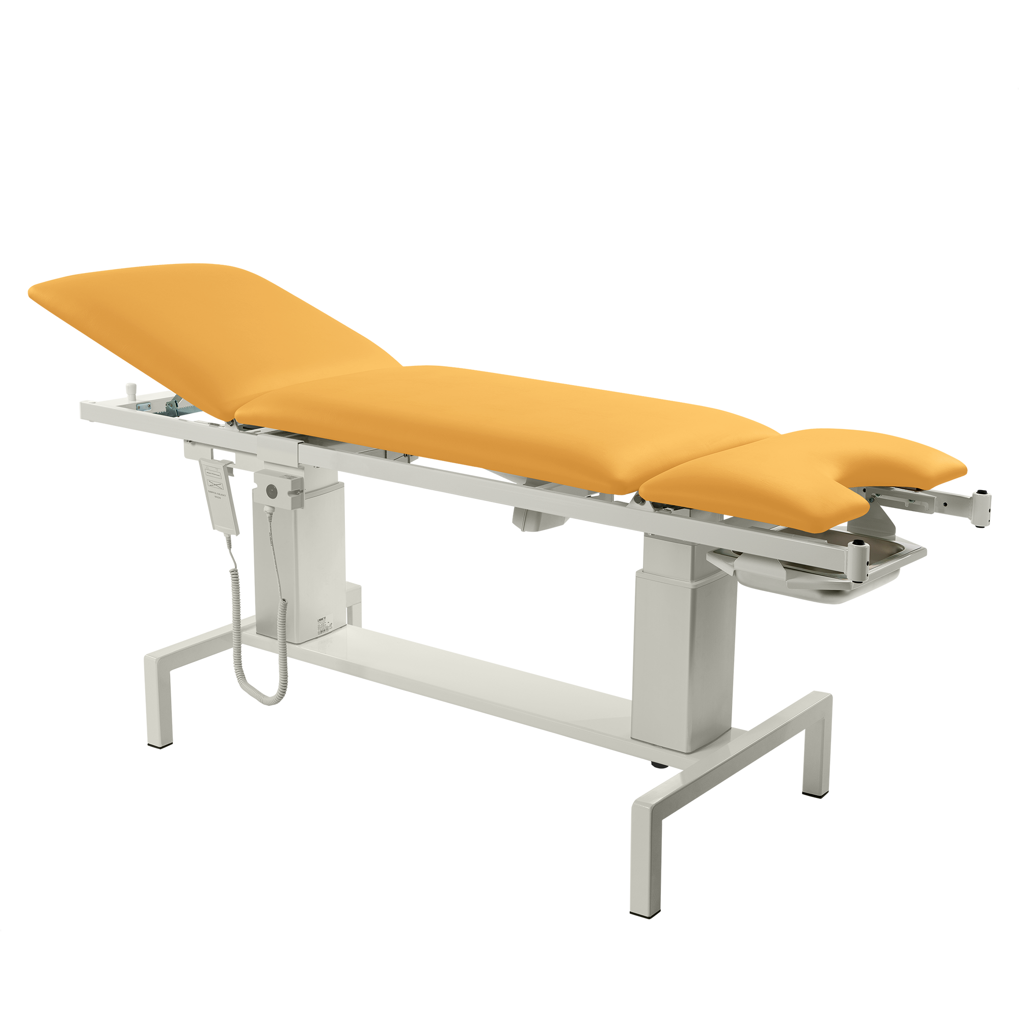 Hochwertige VITA-GYN Gyn Liege mit gelbem Kunstleder, hoher Kufen und Komfortpolsterung, ideal für Sanitätsräume und Praxen.