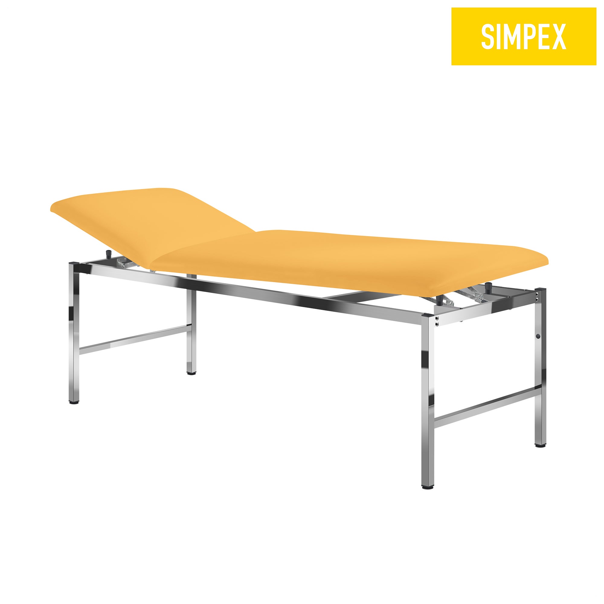 Verchromte MEDI-LUX Siesta Liege in Gelb für Arztpraxen, hochwertiger Kunstlederbezug und feststehendes Gestell.