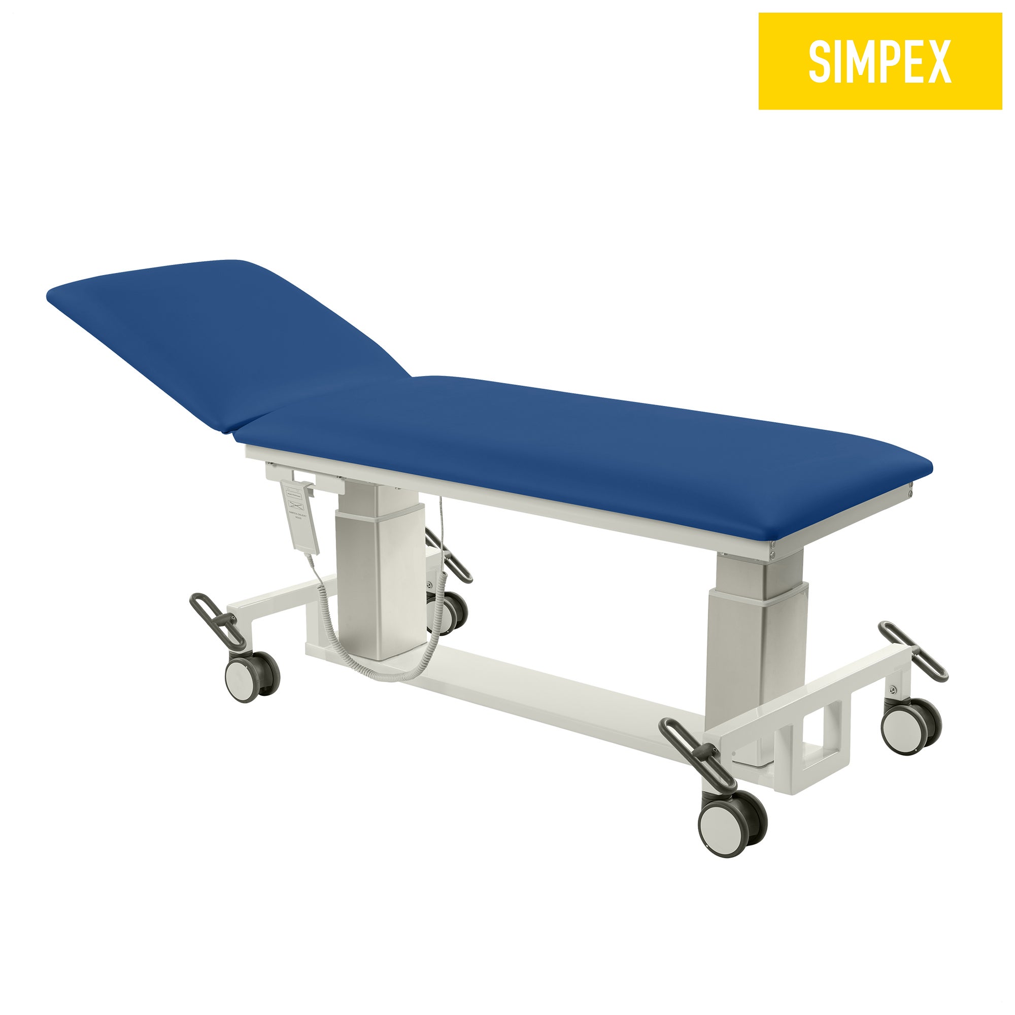 VITA-PORT Siesta Mobil mit flachen Kufen in Blau, ideal für Kliniken und Praxen mit komfortabler Polsterung und Rollen.