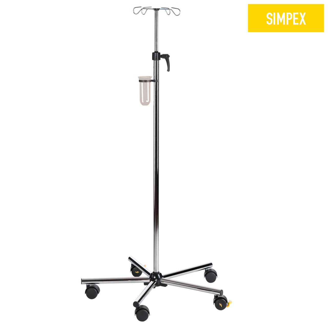 MEDI-CARE Infusionsständer mit verchromtem Klemmhebel und Rollen MEDI-CARE Mini Infusionsständer 126-215 cm mit verchromtem Fußkreuz und Doppelrollen, ideal für Sanitätsräume.