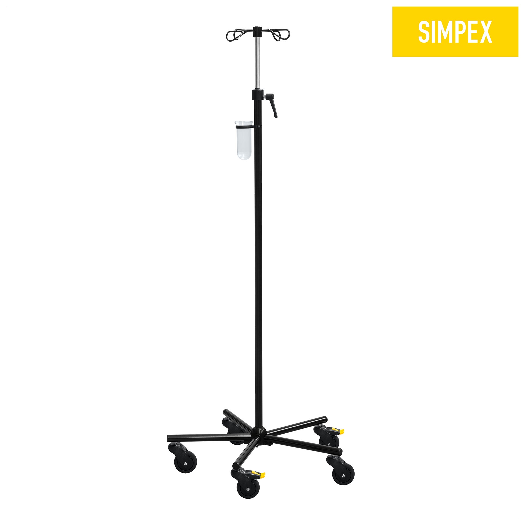Der MEDI-CARE Black Edition Infusionsständer mit elektrisch leitfähiger Monorolle und höhenverstellbarem, robustem Edelstahlgestell, optimiert für die Nutzung im Sanitätsraum und Pflegeeinrichtungen.