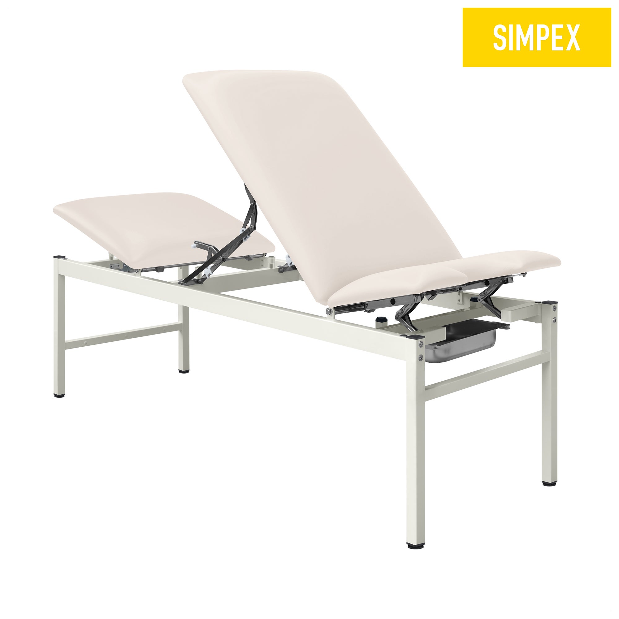 SIMPEX Behandlungsliege VS-GYN in hellgrauem Kunstleder mit verchromtem Gestell, ideal für Praxen und Krankenhäuser.