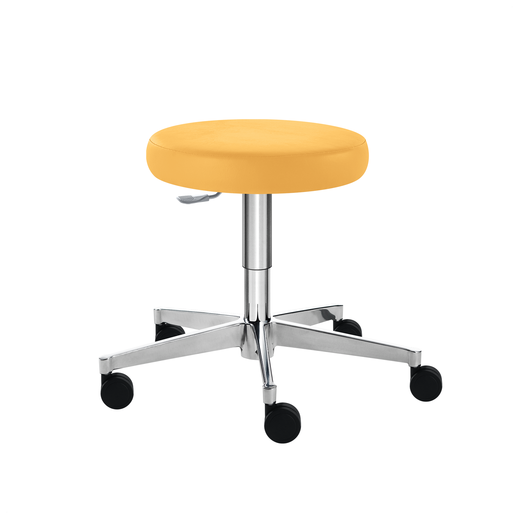 SUPER-THRONA Manus Maxi Drehrollhocker in Gelb mit harten Rollen für weiche Böden. Höhenverstellbar von 55 cm bis 74 cm.