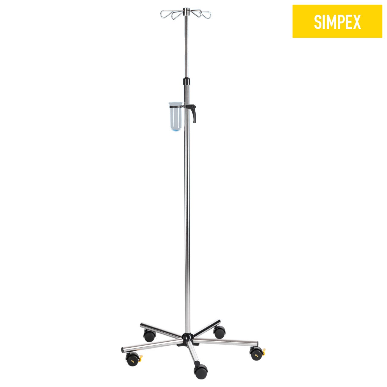 MEDI-CARE Midi Infusionsständer aus Edelstahl mit Klemmhebel und doppelten 50mm Rollen für sanitäre Einrichtungen
