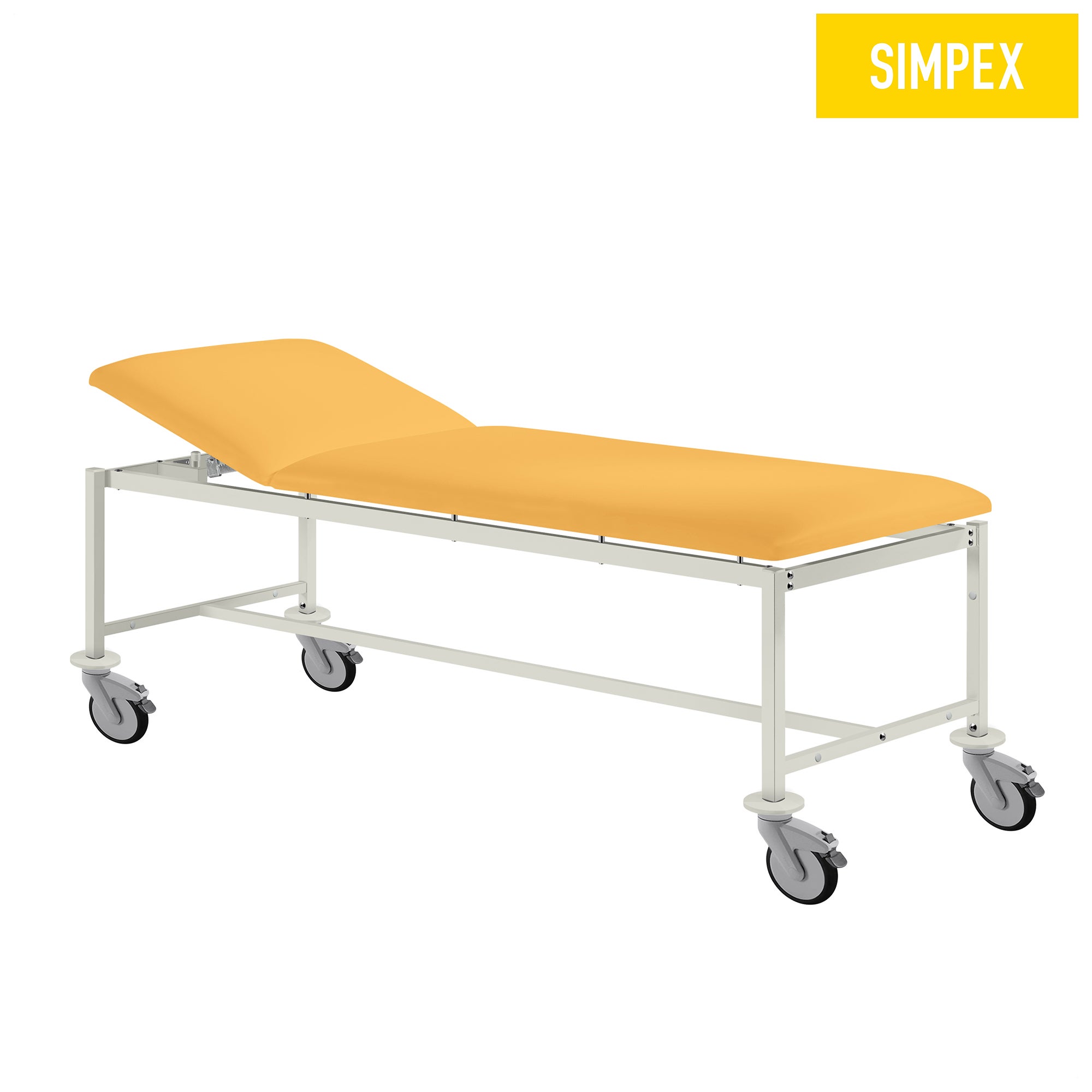 Verchromte MEDI-LUX Classic Mobil Behandlungsliege mit gelbem Kunstleder, ideal für Sanitätsräume und Pflegeeinrichtungen.