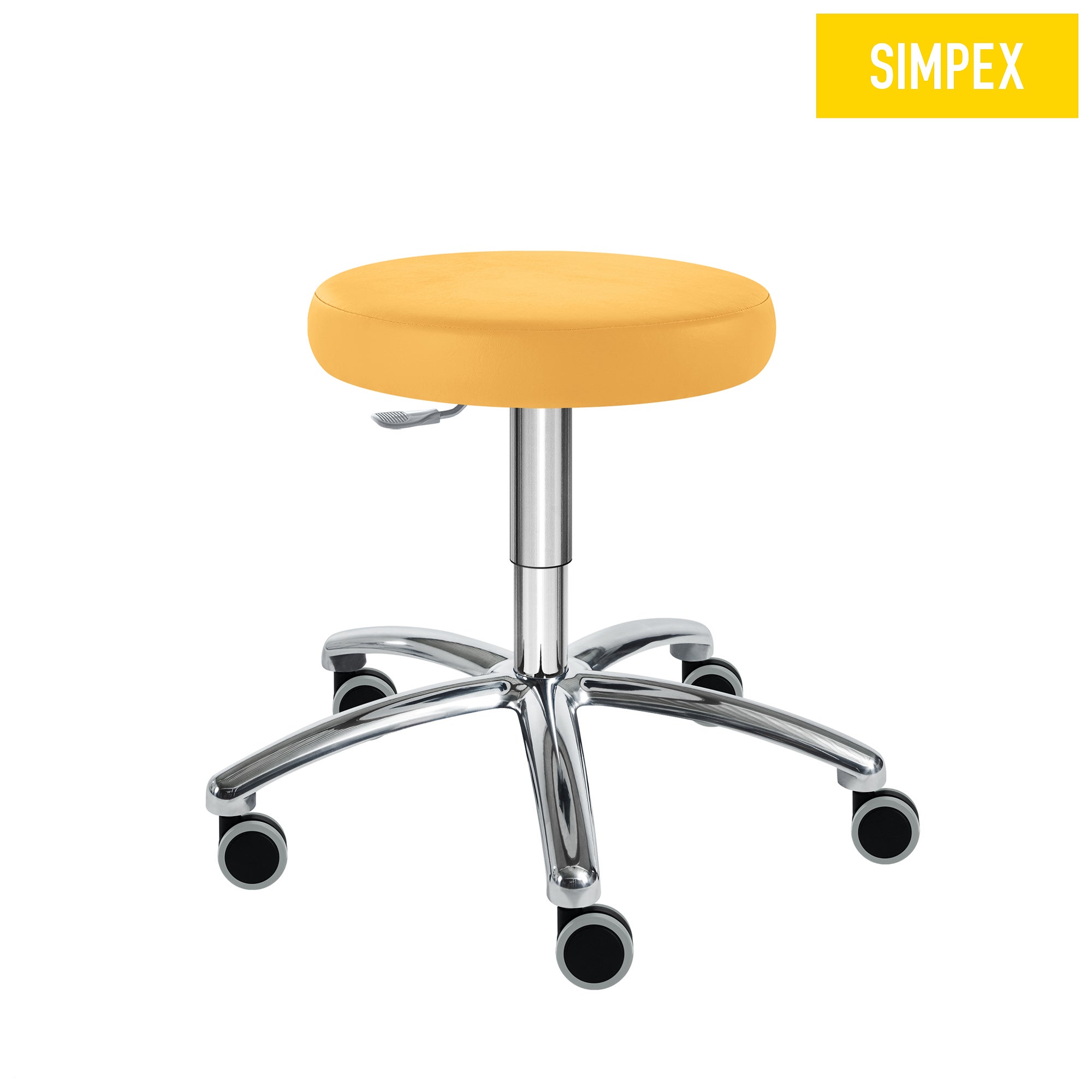 Drehrollhocker mit weichen Rollen und gelbem Kunstleder - SIMPO-THRONA Manus Maxi SIMPO-THRONA Manus Maxi Drehrollhocker mit gelbem Kunstlederpolster, höhenverstellbar und weichen Rollen für harte Böden