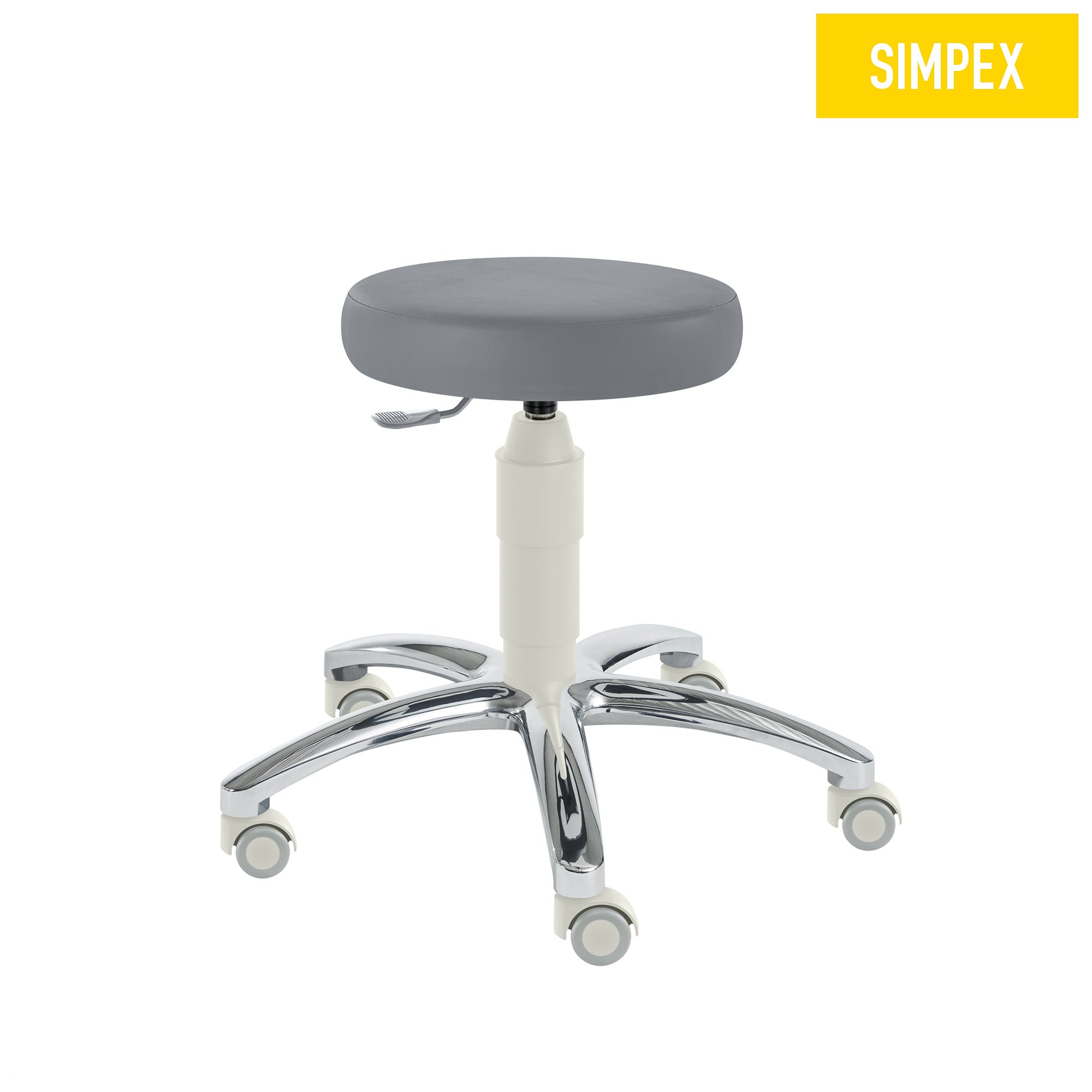 Drehhocker PENNY Manus White mit grauem Kunstlederpolster und weichen Rollen für harte Böden.