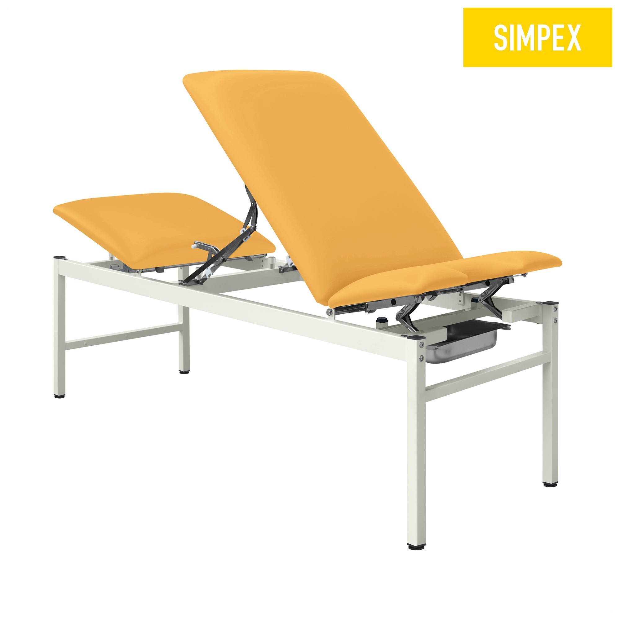 Gelbe VS-GYN Behandlungsliege von SIMPEX mit Komfortpolsterung und verchromtem Gestell, ideal für Praxen und Krankenhäuser.