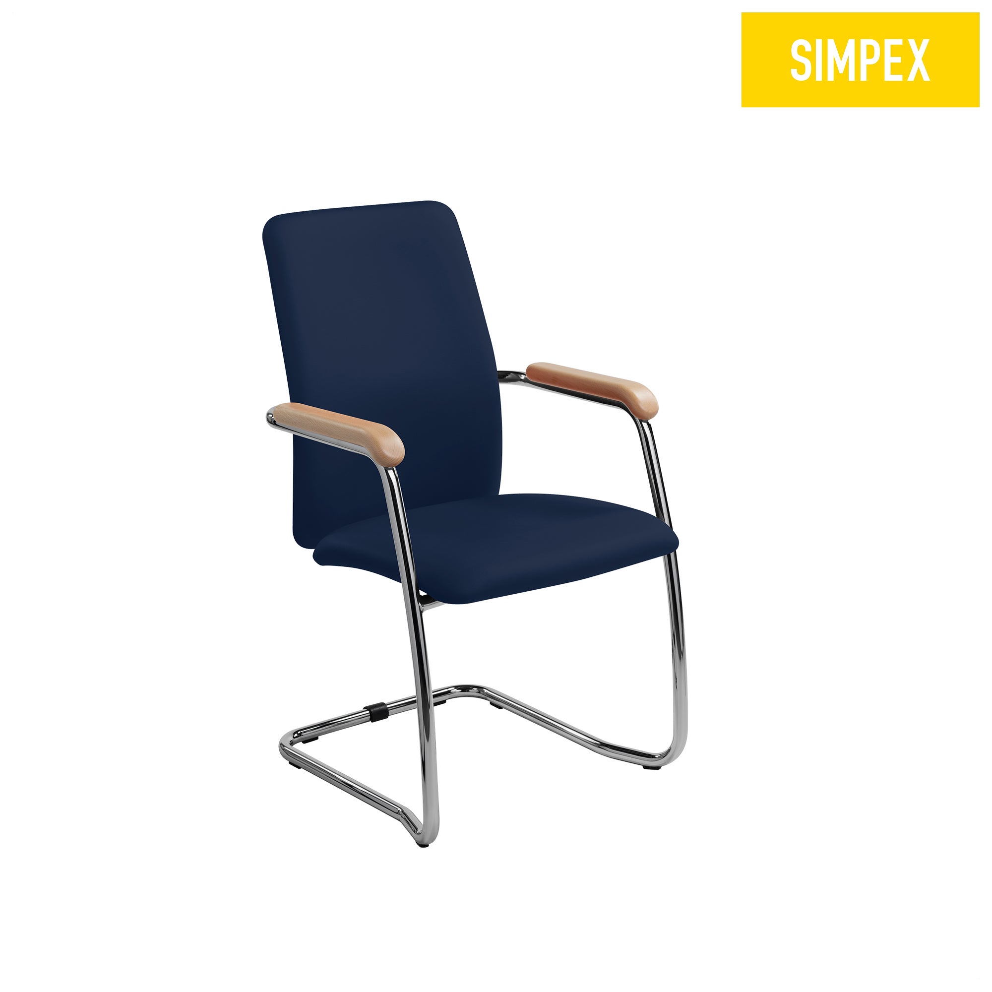 Wartezimmerstuhl OKTAVIA Swing mit Armlehnen in dunkelblauem Kunstleder und verchromtem Gestell, für eine Tragkraft von 240 kg.