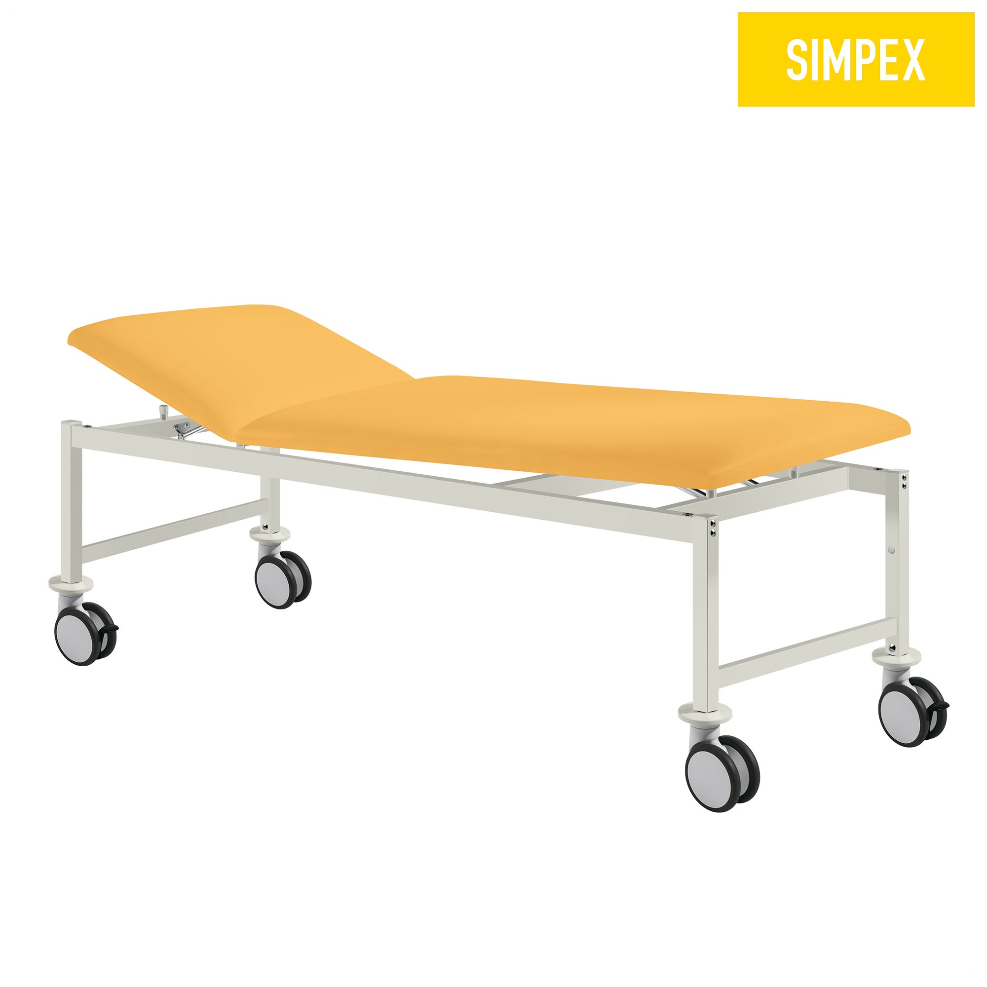 Detailansicht der gelben SIMPEX VS-SIESTA Mobil Behandlungsliege aus Kunstleder mit Rollen, ideal für Praxen und Pflegeeinrichtungen.