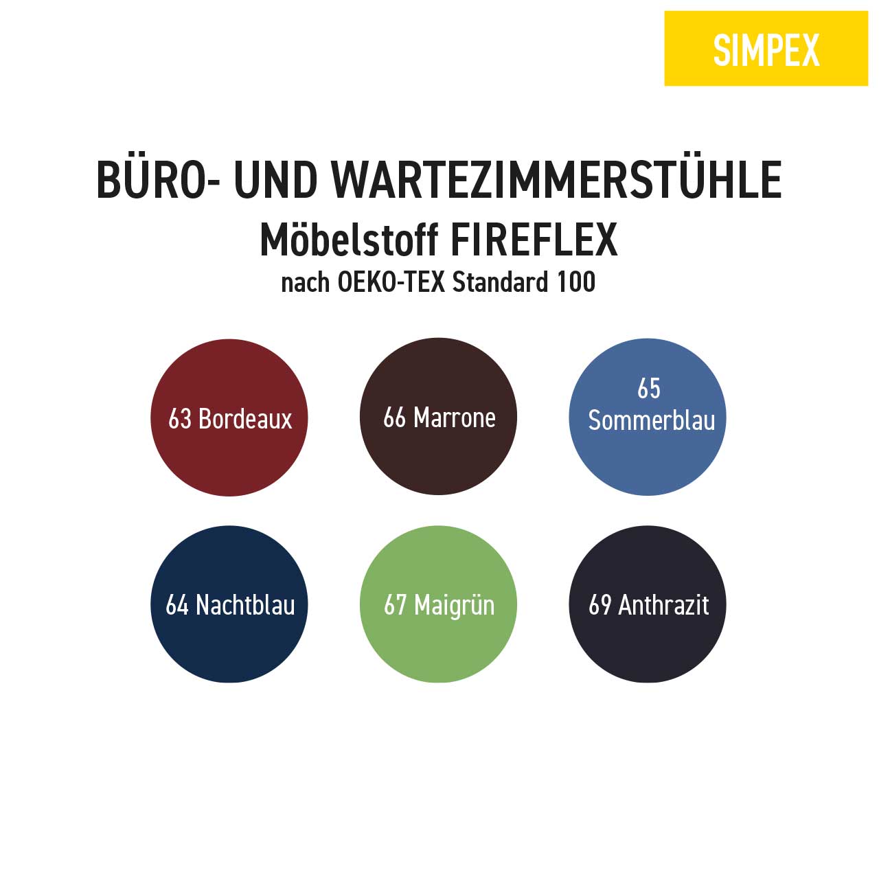 SIMPEX Möbelstoff-Polsterfarben für Praxis- und Wartezimmerstühle Übersicht der verfügbaren Möbelstoff-Polsterfarben für SIMPEX Praxisstühle und Wartezimmerstühle