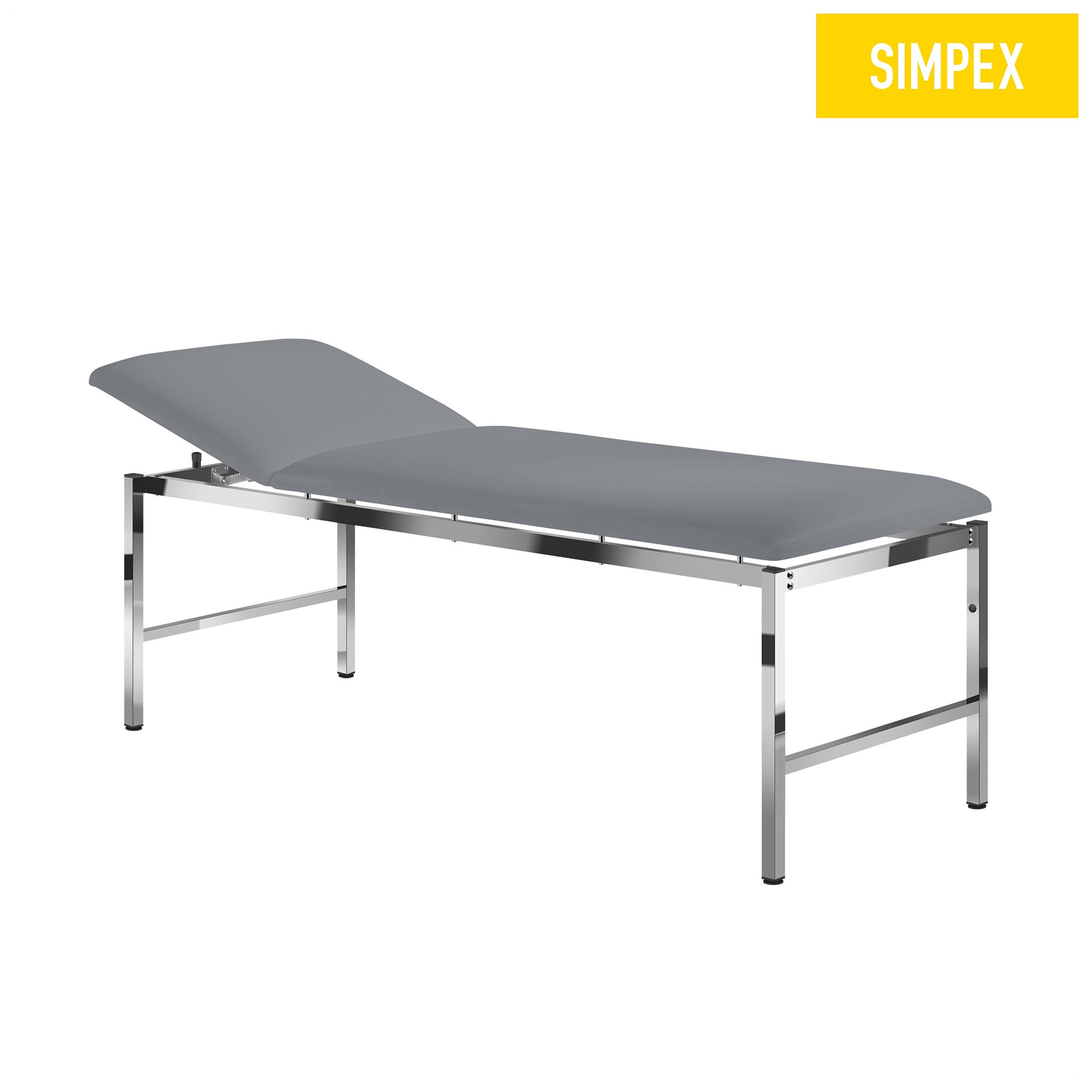 Die SIMPEX MEDI-LUX Classic Behandlungsliege in Grau mit verchromtem Gestell bietet hohen Komfort und Stabilität für Arztpraxen.