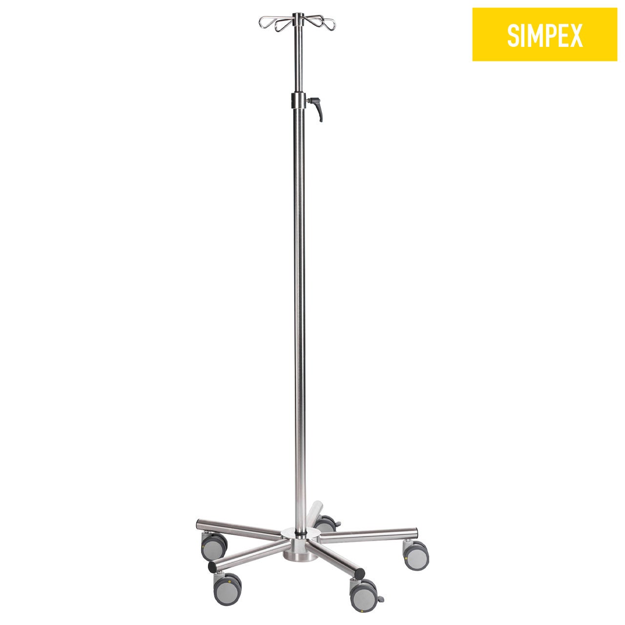 SIMPO-CARE Midi Infusionsständer aus Edelstahl mit doppelter Rolle, Höhe 167-257 cm, ideal für Praxen und Pflegeeinrichtungen.